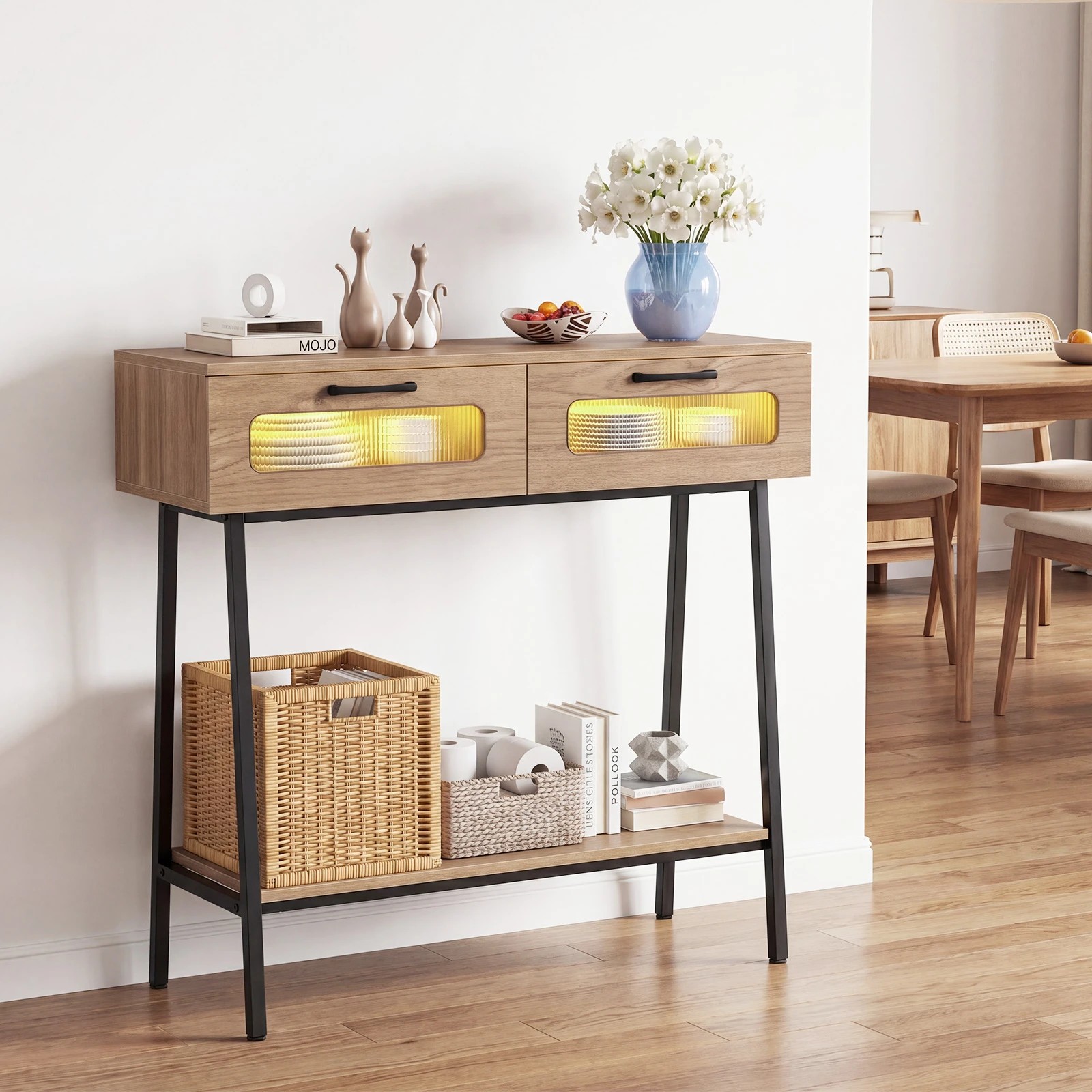 4 Costway Farmhouse Console Table w/LEDs 2-Tier Narrow Sofa Side Table, 4 of 7