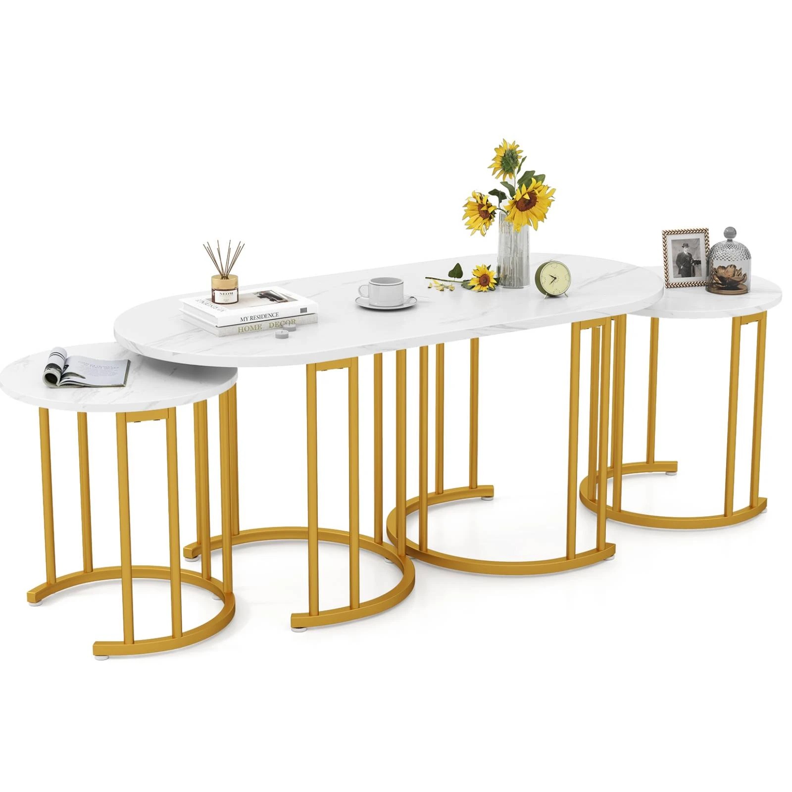 4 Costway Nesting Coffee Table Set of 3 Faux Marble Tabletop Center Cocktail Table, 4 of 4