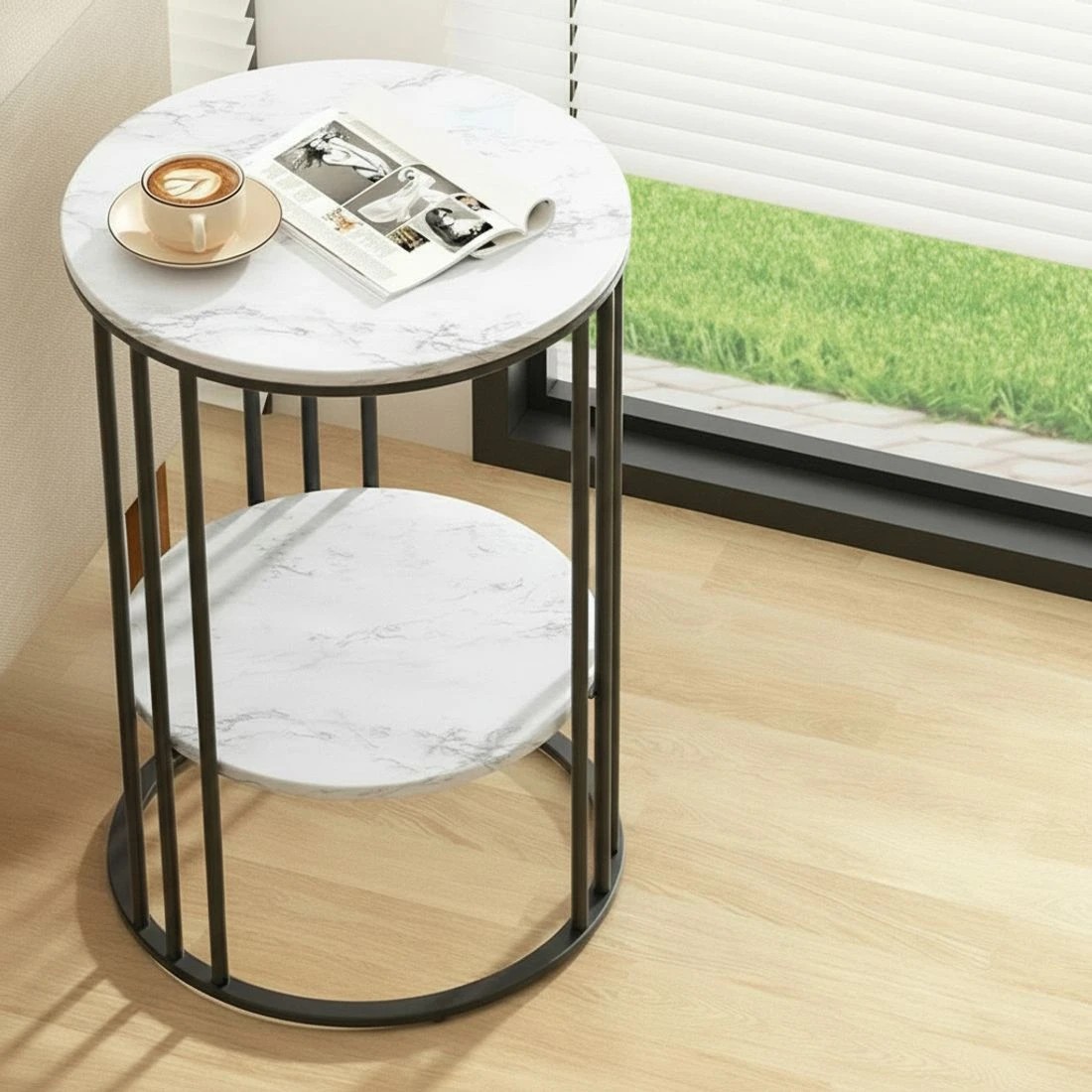 6 Artiss Round Marble Effect Coffee Table Two Tier Storage Robust Metal Frame Modern Living Room Accent Piece - White, 6 of 7