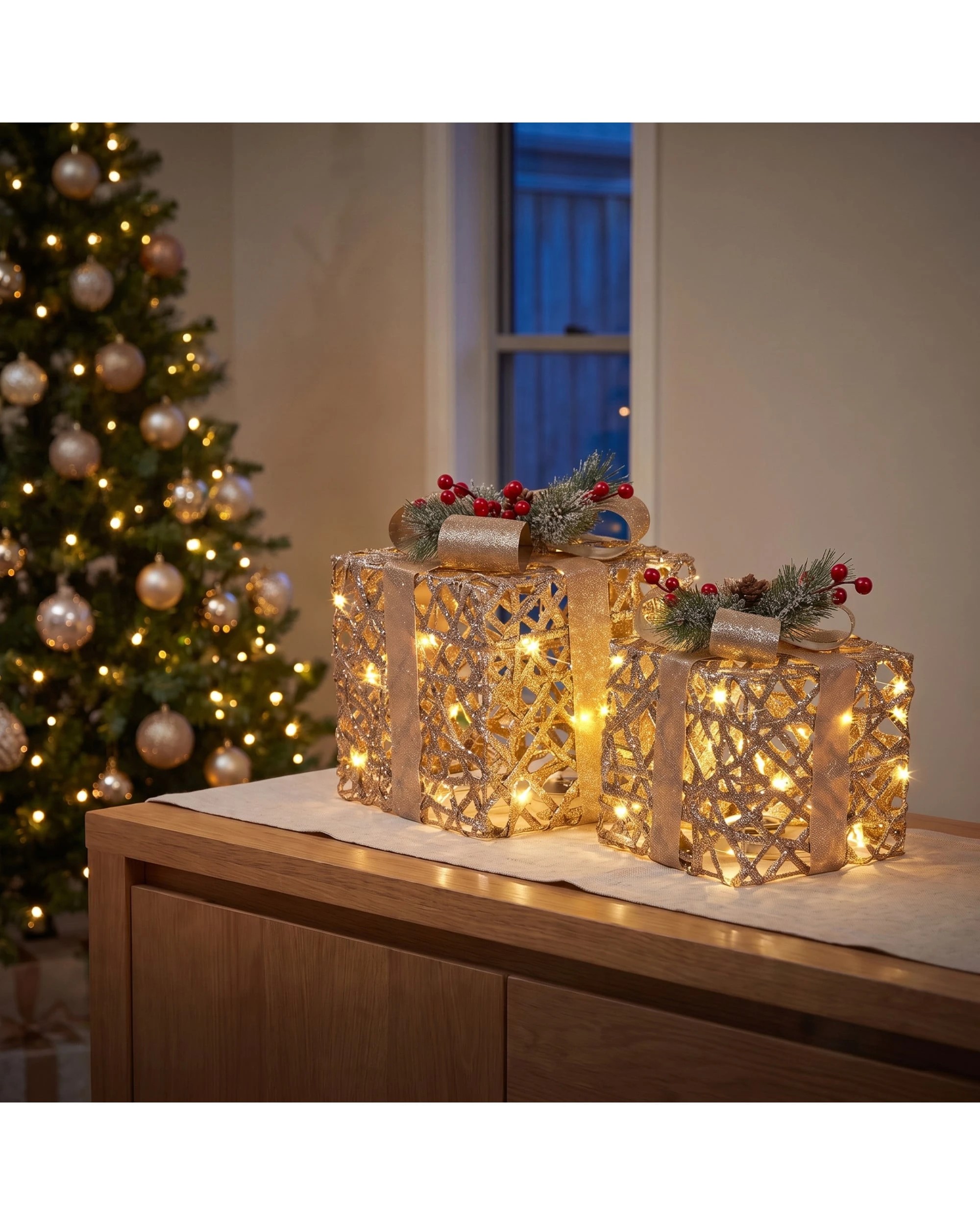 2 Christabelle 2 Pale Champagne Christmas Gift Boxes Light Up Display 35cm 28cm Indoor Xmas Festive Decoration - Gold, 2 of 5