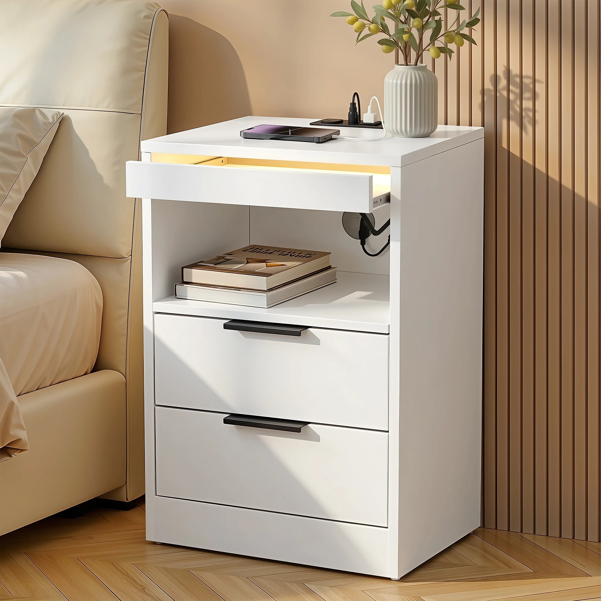 4 Artiss Bedside Table LED Nightstand Charging Station 2 Drawers - - White, 4 of 4