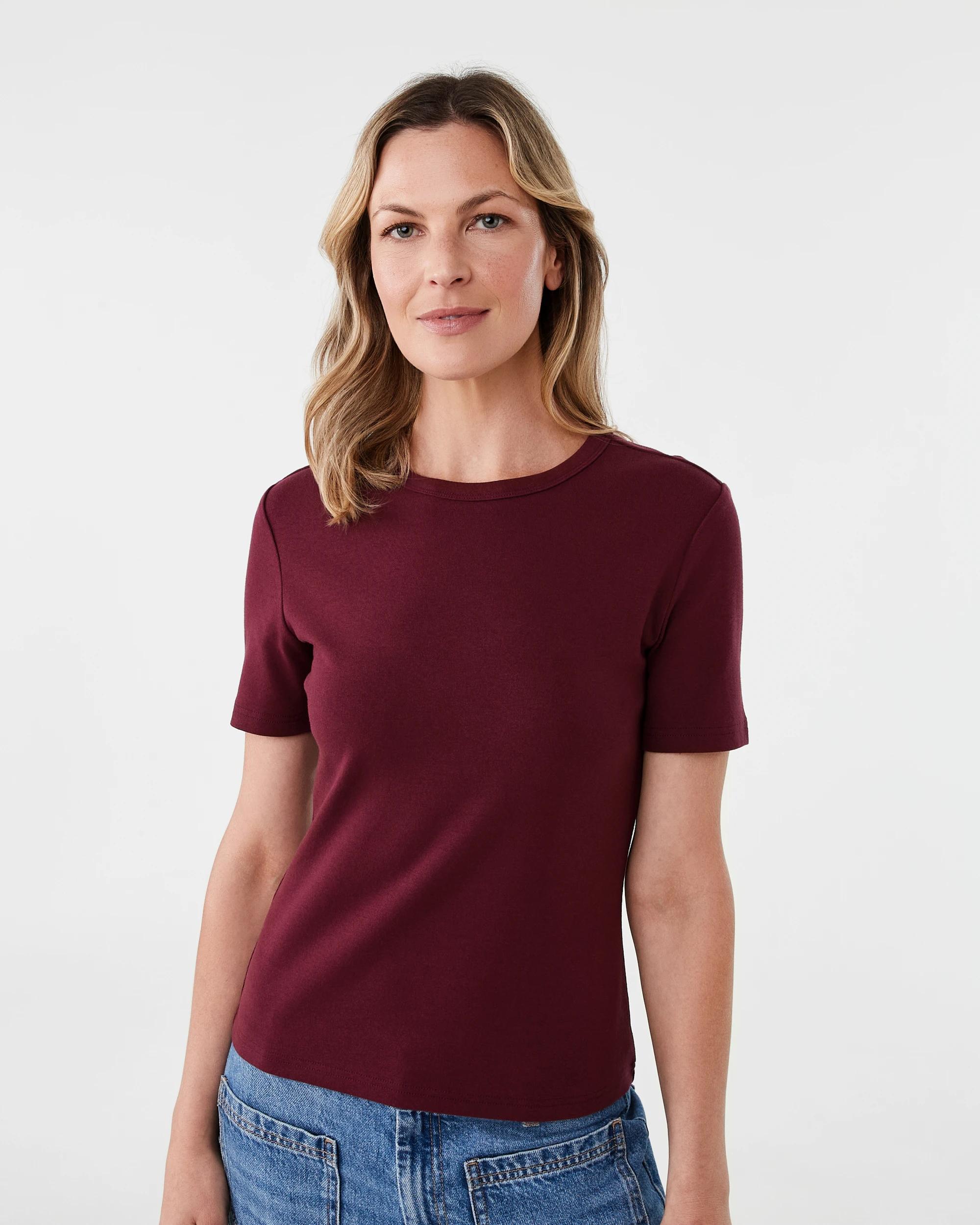 1 Short Sleeve Rib Crew Neck T-shirt Burgundy, 1 of 5