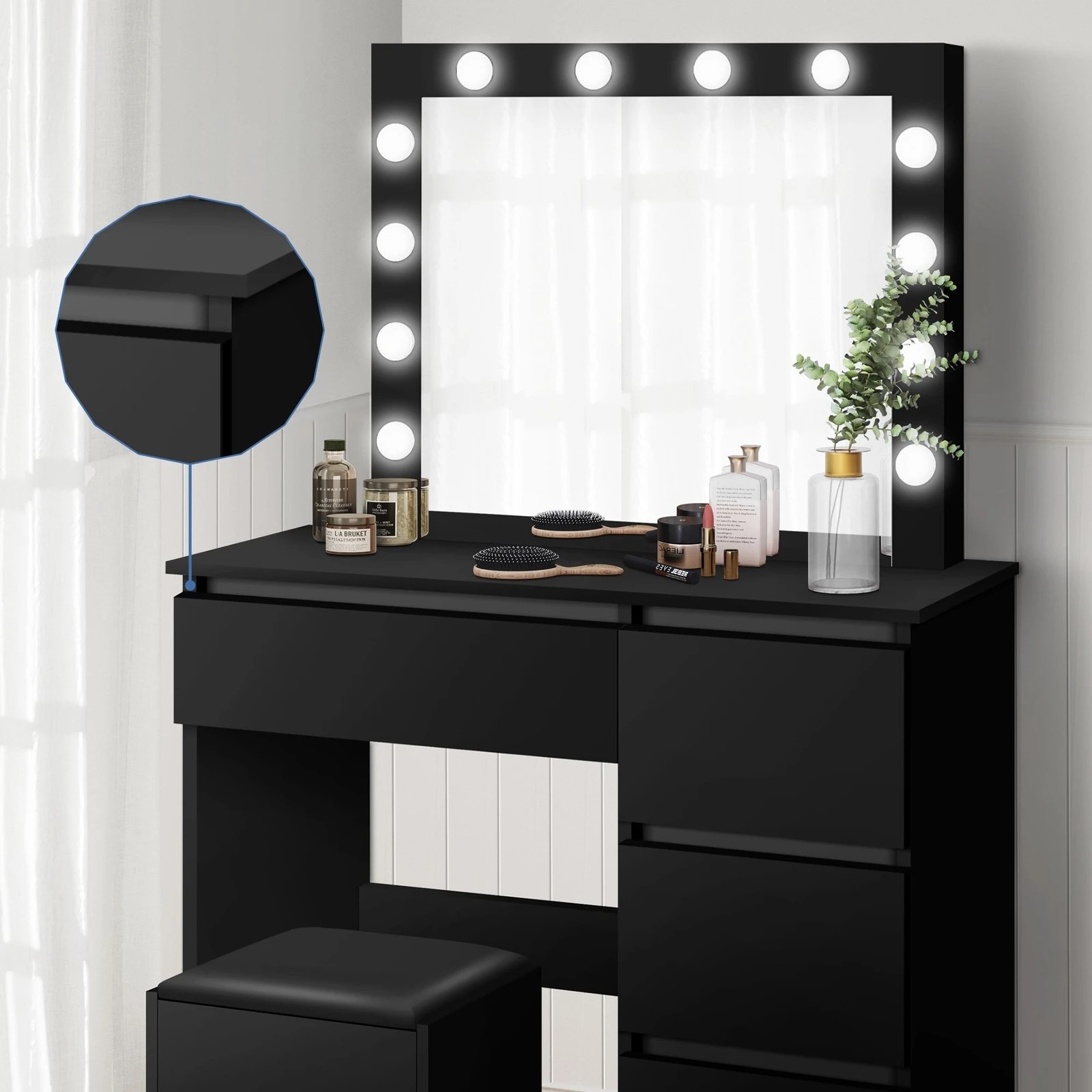 3 Alfordson Dressing Table Stool Set Makeup Mirror Desk LED 12 Bulbs - Black, 3 of 10