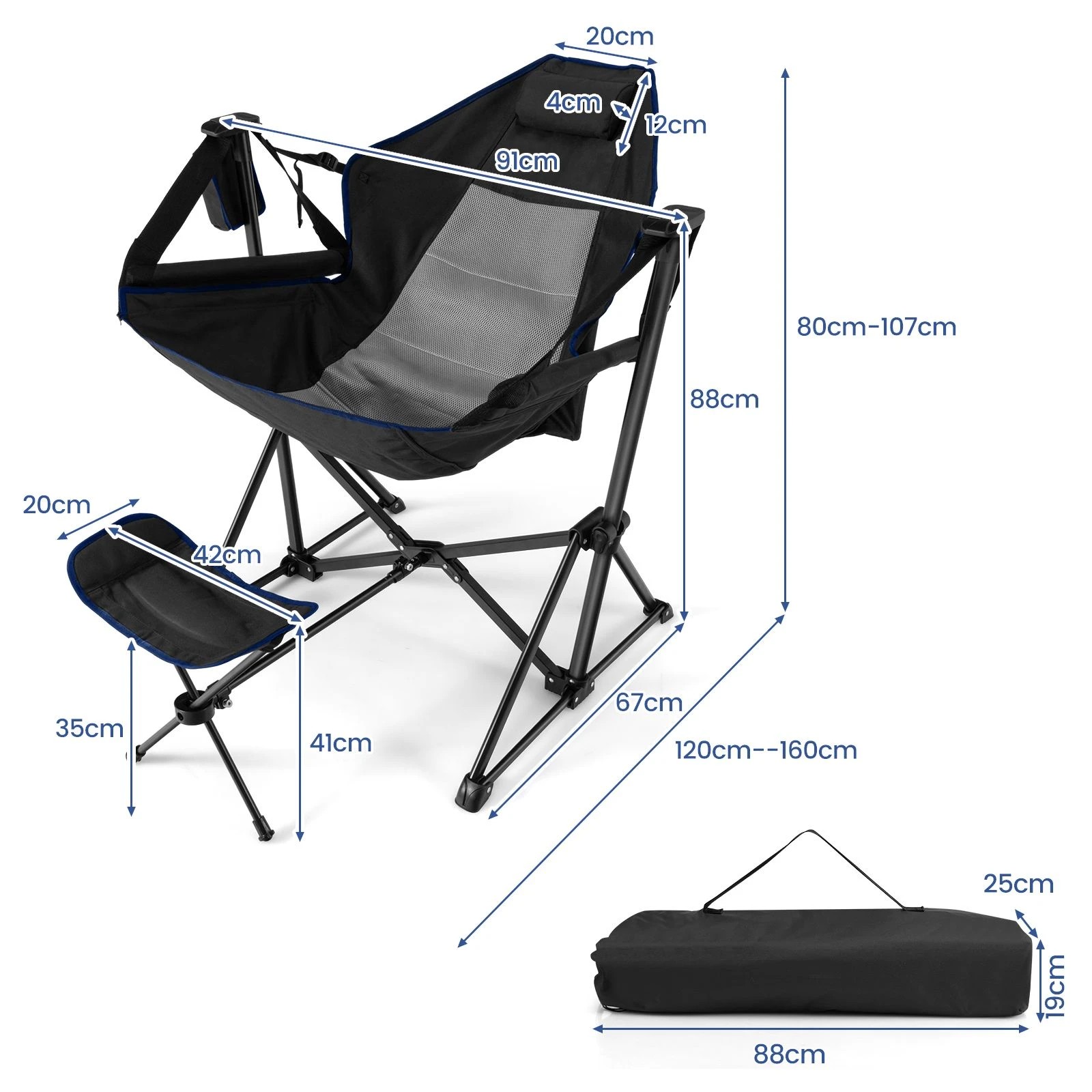 2 Costway Hammock Camping Chair Portable Folding Reclining Chair w/Footrest & Cup Holder - Black, 2 of 2