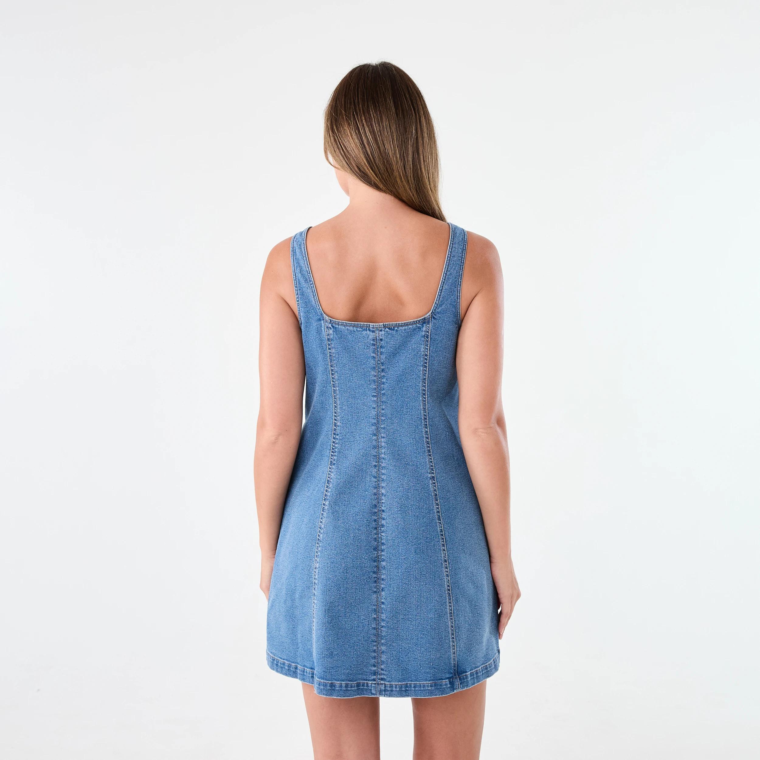 3 Sleeveless Square Neck Denim Mini Dress Mid Wash, 3 of 7