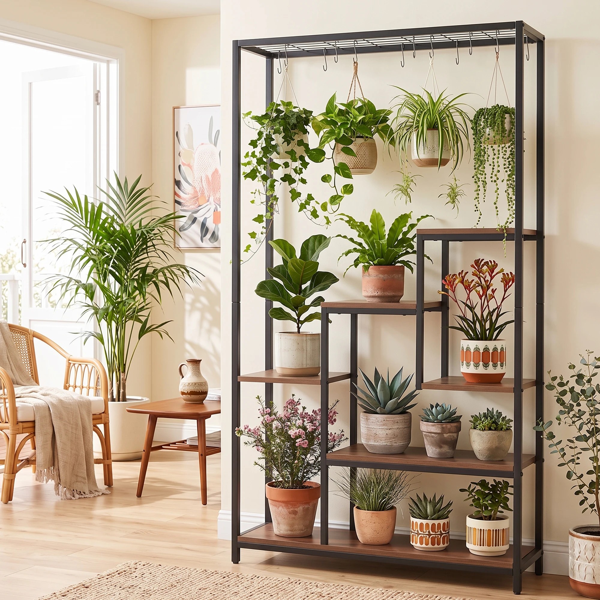 4 Artiss Tall Plant Stand Indoor, 6-Tier Pot Plant Shelf with 10 S Hanging Hooks - Black, 4 of 9