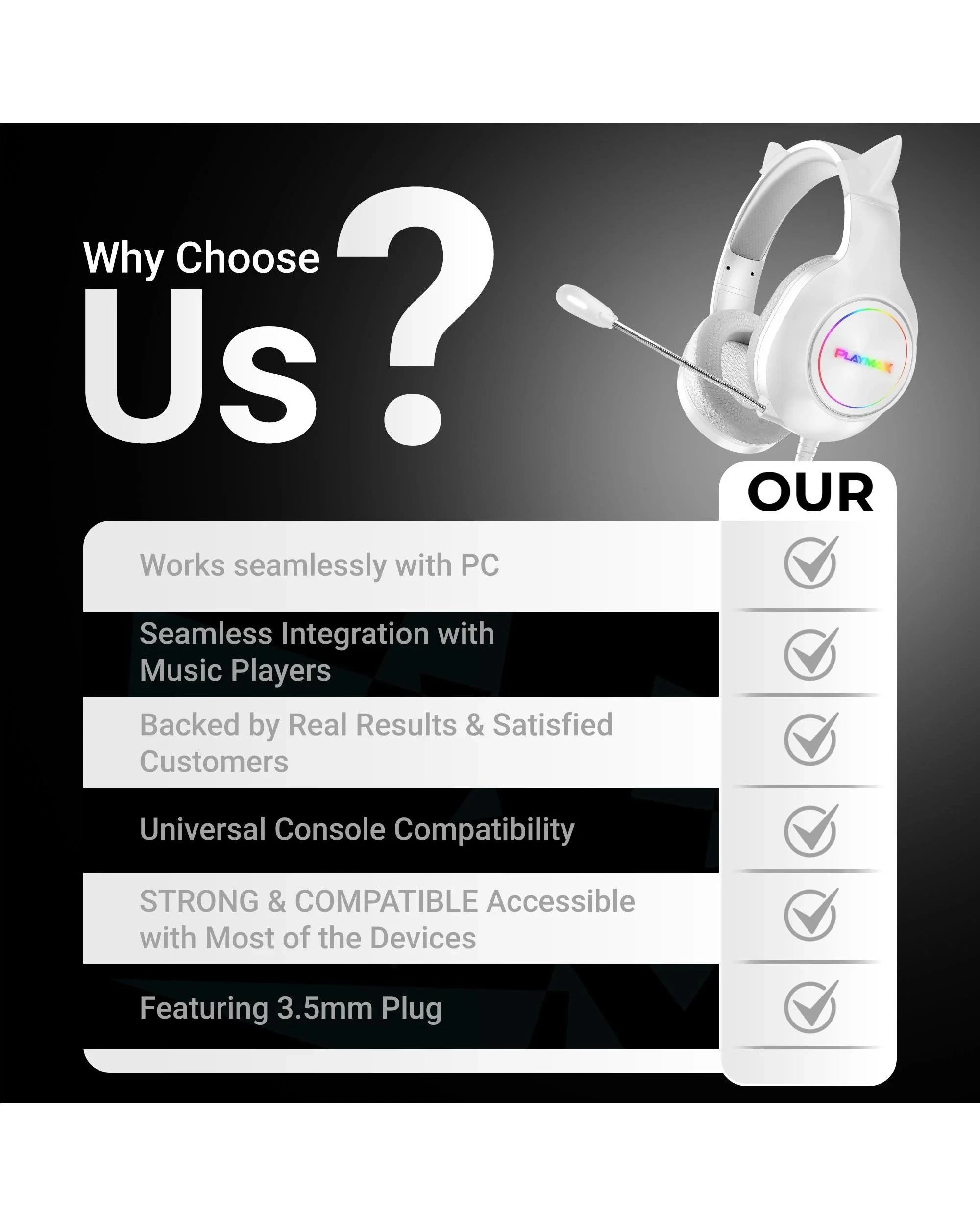 5 Playmax Cat Ear RGB Headset Universal Gaming Headset - White, 5 of 5