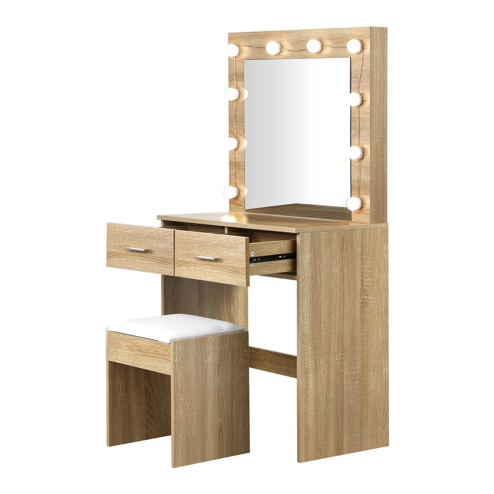 8 Oikiture Dressing Table Stool Set Makeup Mirror Storage Desk 10 Led Bulbs Wooden
 - Natural, 8 of 9