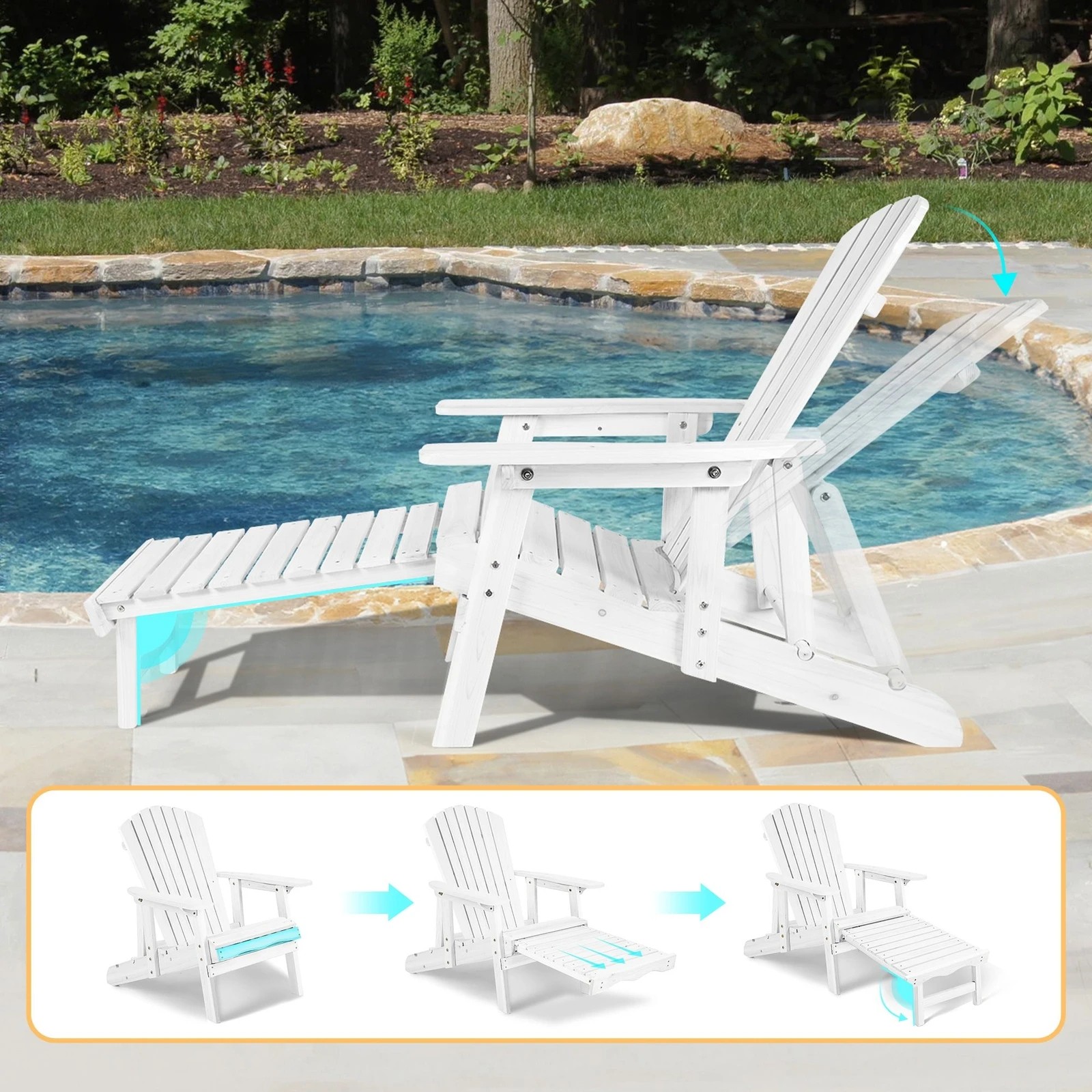 3 Alfordson Outdoor Chair Wooden Adirondack w/ Ottoman Patio Beach Garden - White, 3 of 10