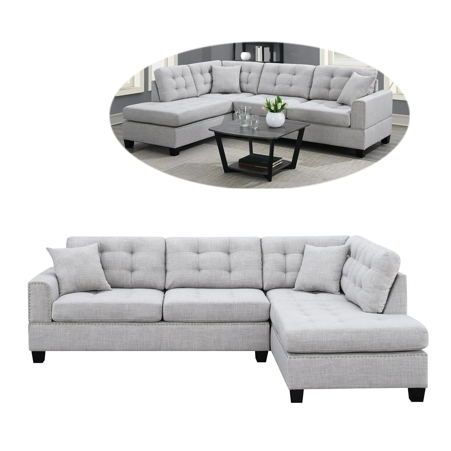 6 Foret 263cm L Shape Fabric Corner Sofa Chaise Lounge 4/5 Seater Light Grey, 6 of 7