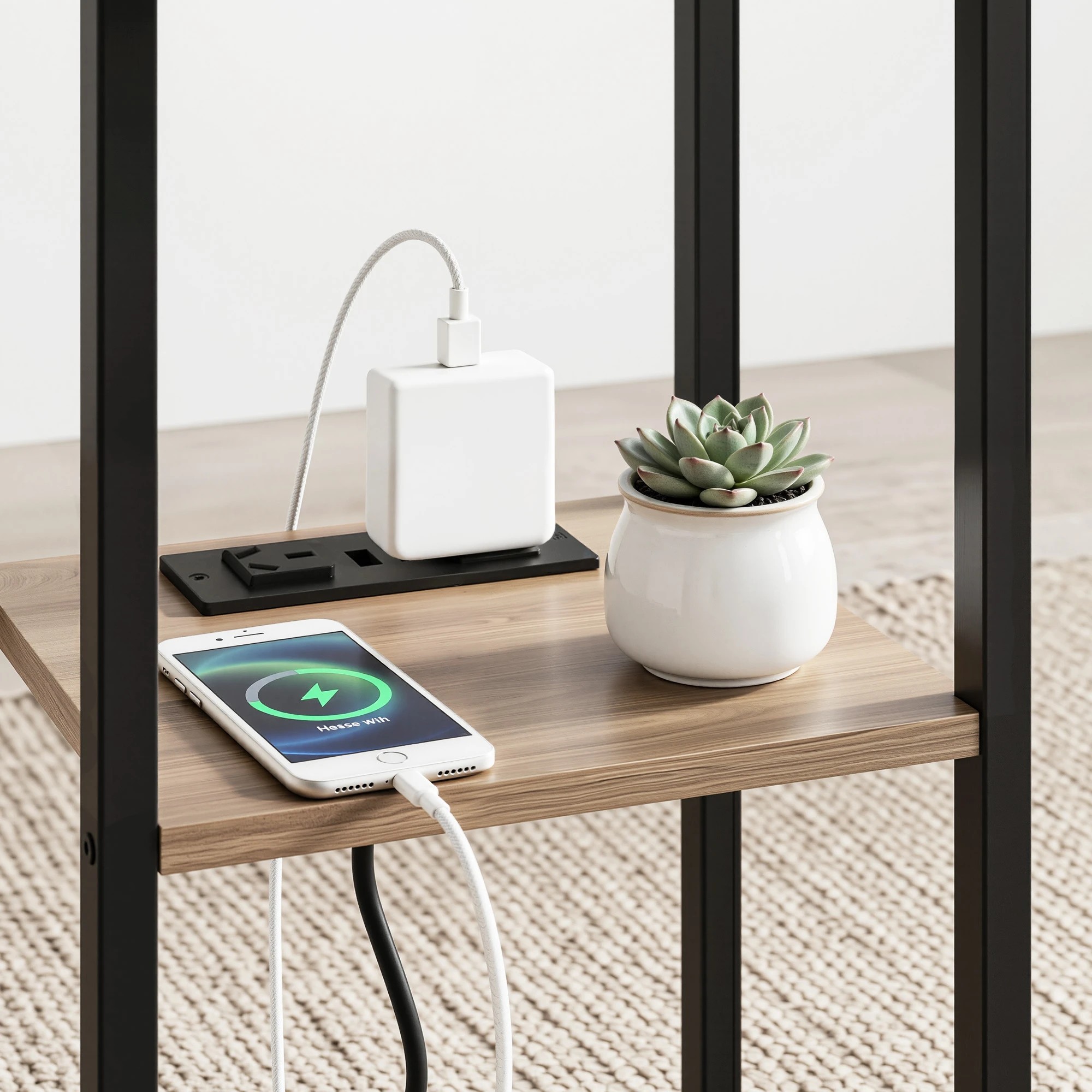 5 Artiss C-Shaped End Table Charging Station 2-Tier Smart Side Coffee Table Bedside Wood - Black, 5 of 8