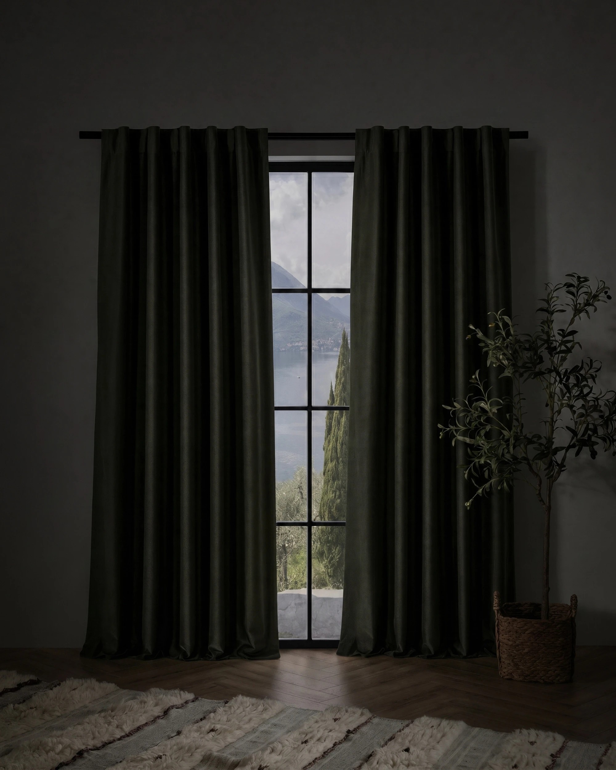 2 Cadence & Co. Byron Matte Velvet 100% Blockout Concealed Tab Top Curtains Twin Pack 135x223cm - Olive, 2 of 7
