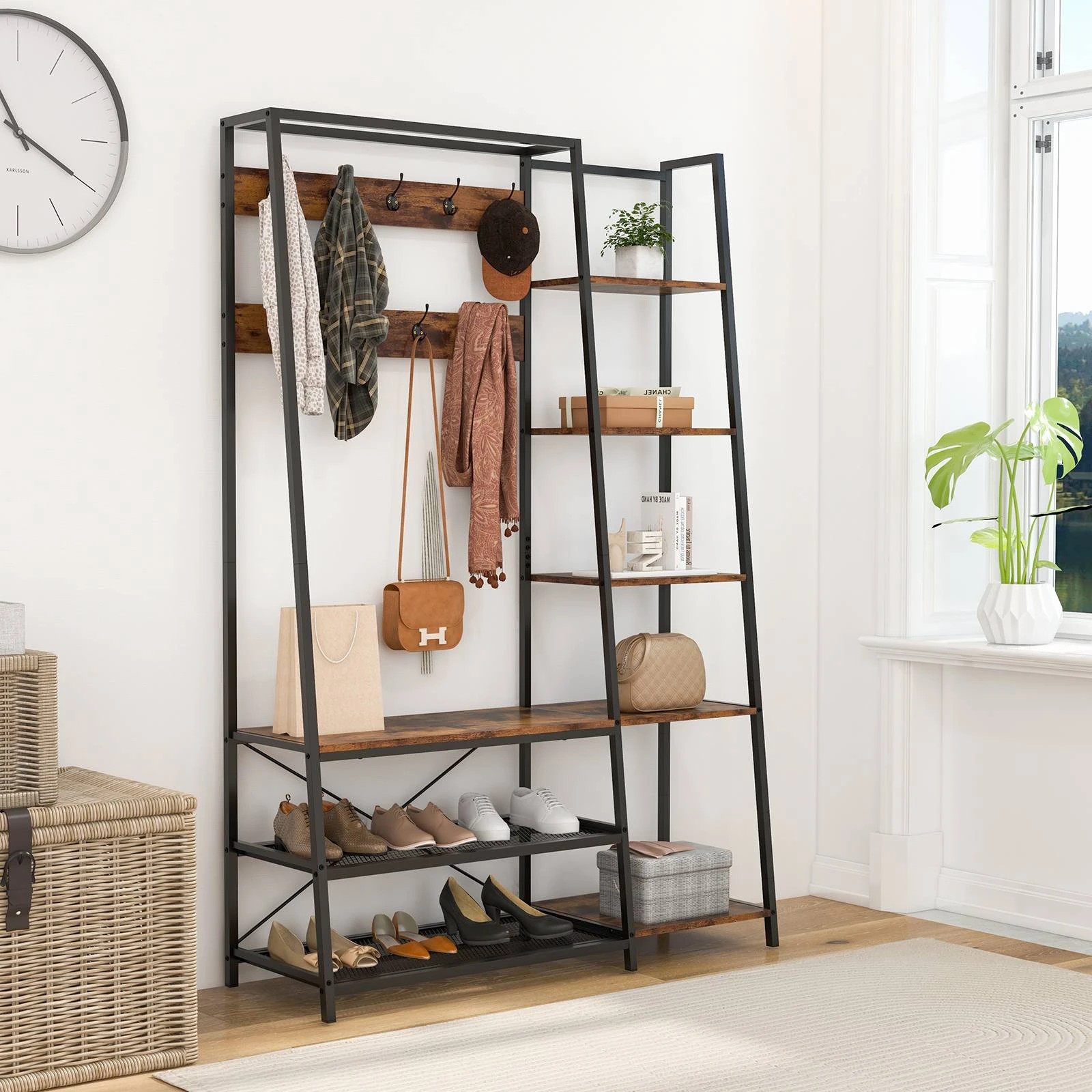 3 Costway Industrial Coat Rack Shoe Bench w/Open Storage Shelf Wardrobe Entryway Hallway Rack - Brown, 3 of 7