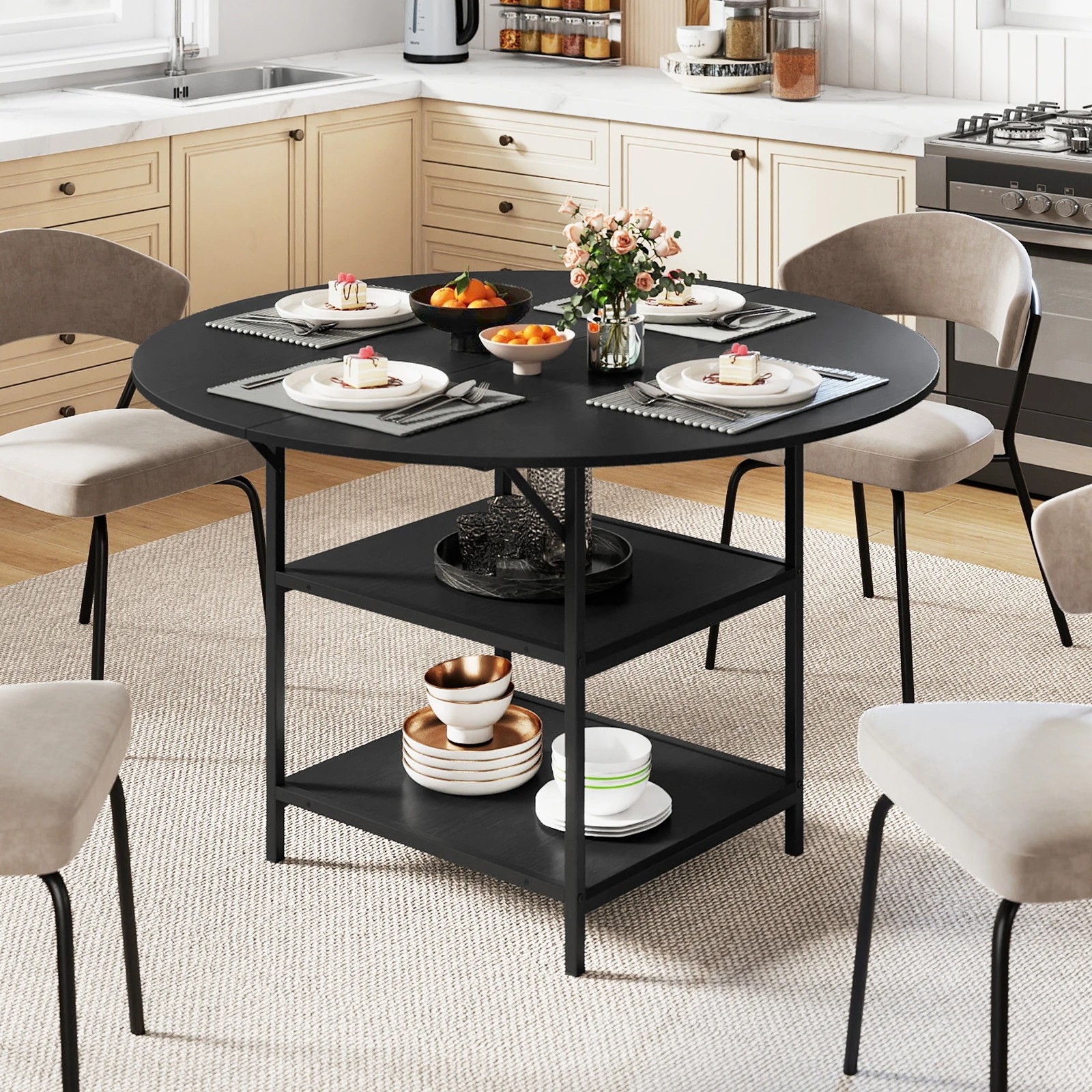 3 Costway Dining Table for 4-6 Kitchen Counter Height Table Round Farmhouse Dinner Table Metal Frame - Black, 3 of 4