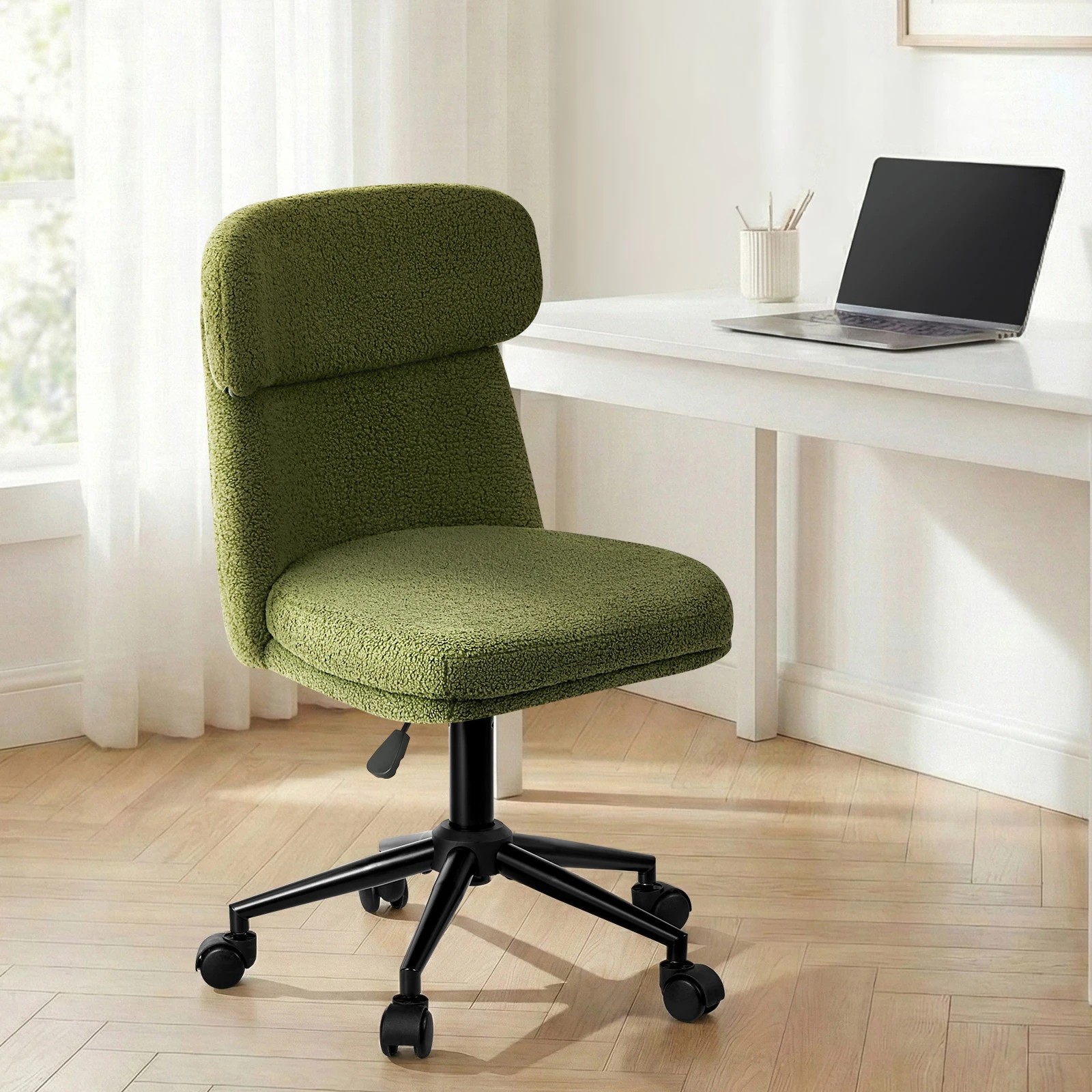 3 Oikiture Armless Office Chair Mid Back Computer Desk Chair Wheels Fabric - Green, 3 of 7
