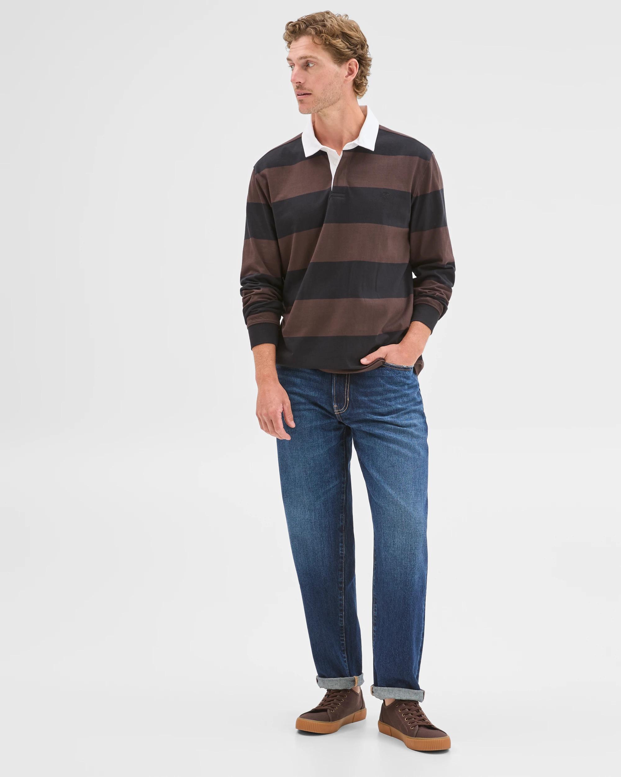 1 Target Man Australian Cotton Long Sleeve Rugby Polo Top CHOCOLATE STRIPE, 1 of 8