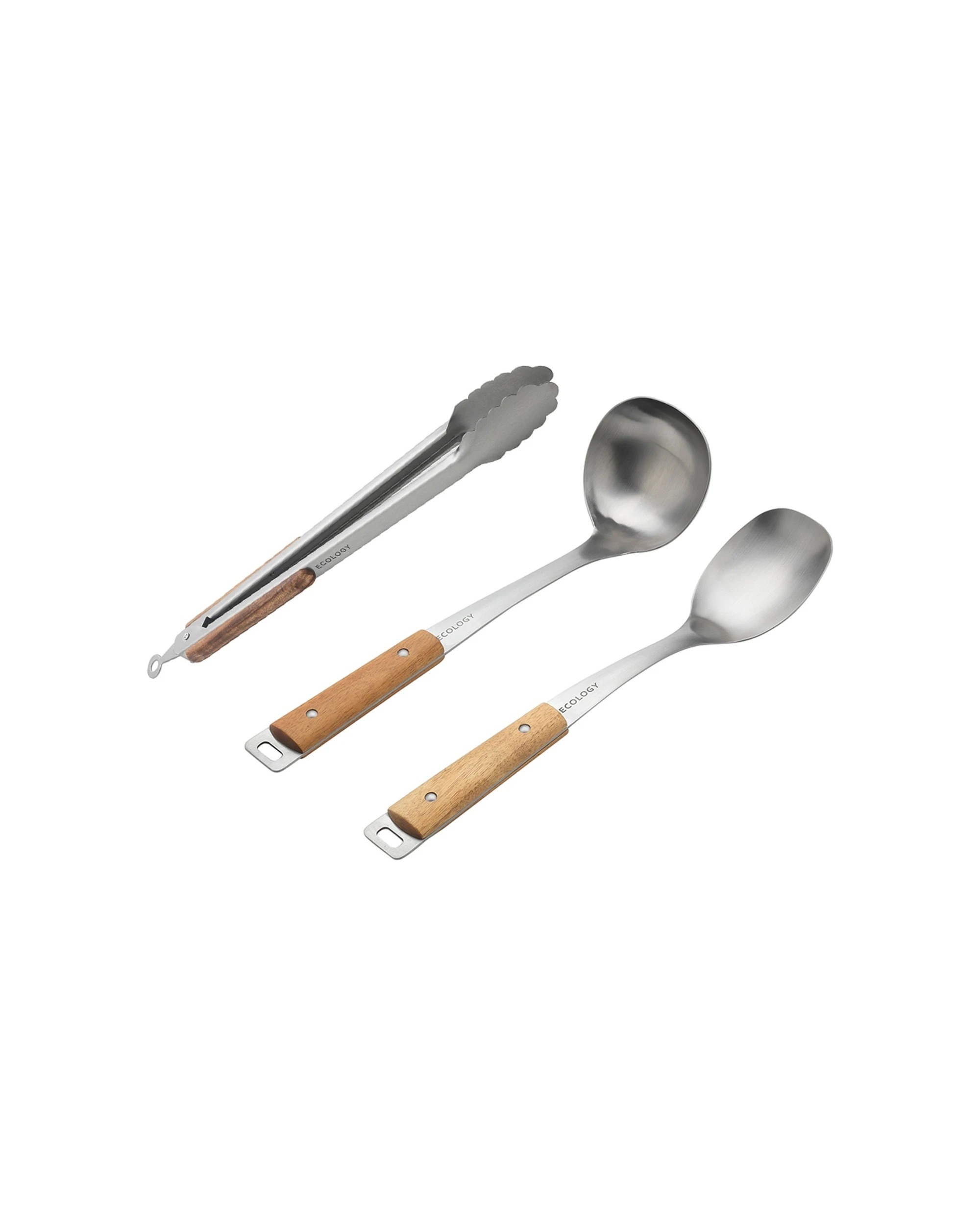1 Ecology 3pc Acacia Barbecue Tongs Spoon Ladle Tools Set Utensils Set - Natural, 1 of 3