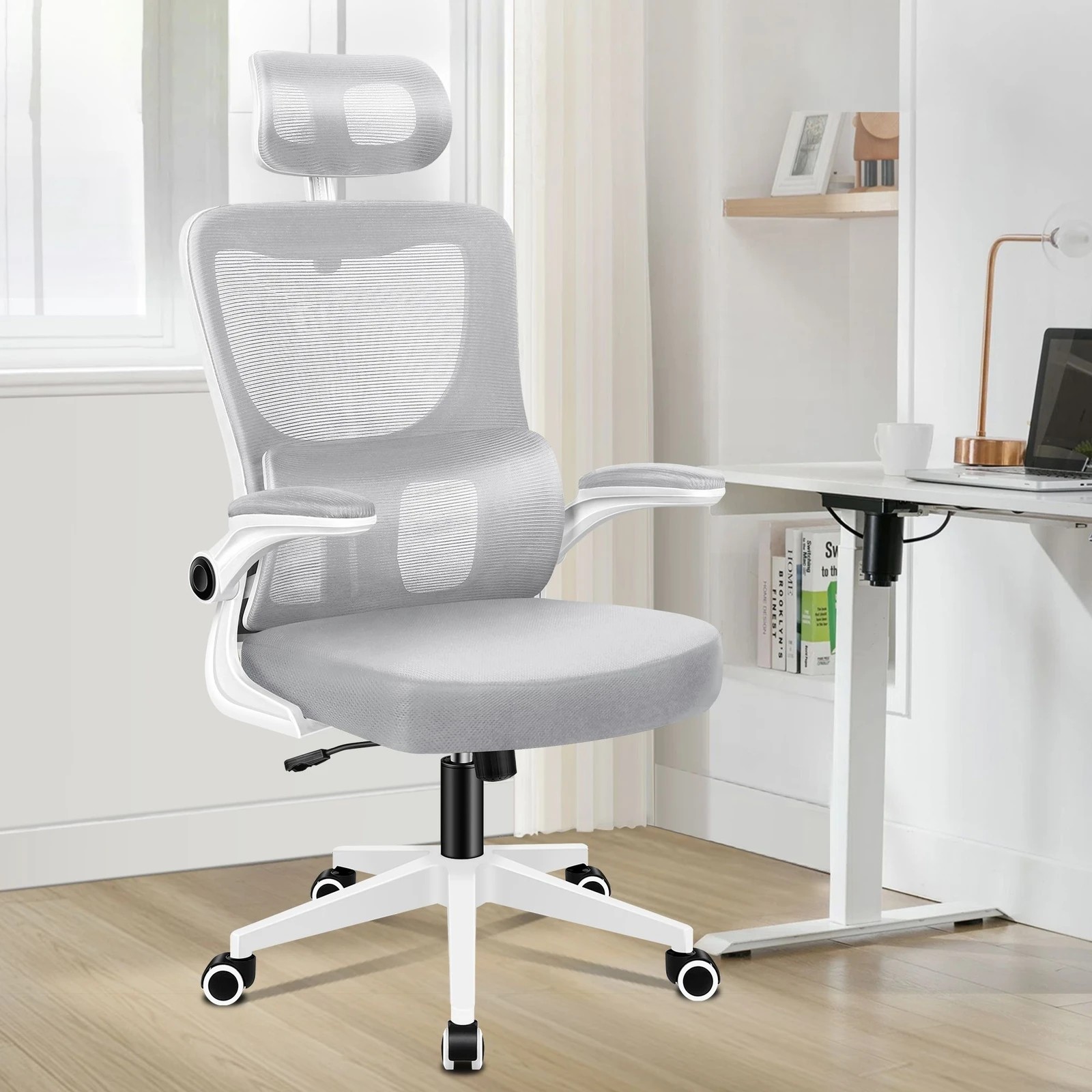 2 Alfordson Mesh Office Chair Executive Computer Tilt Fabric Seat Racing Work - Grey White, 2 of 10