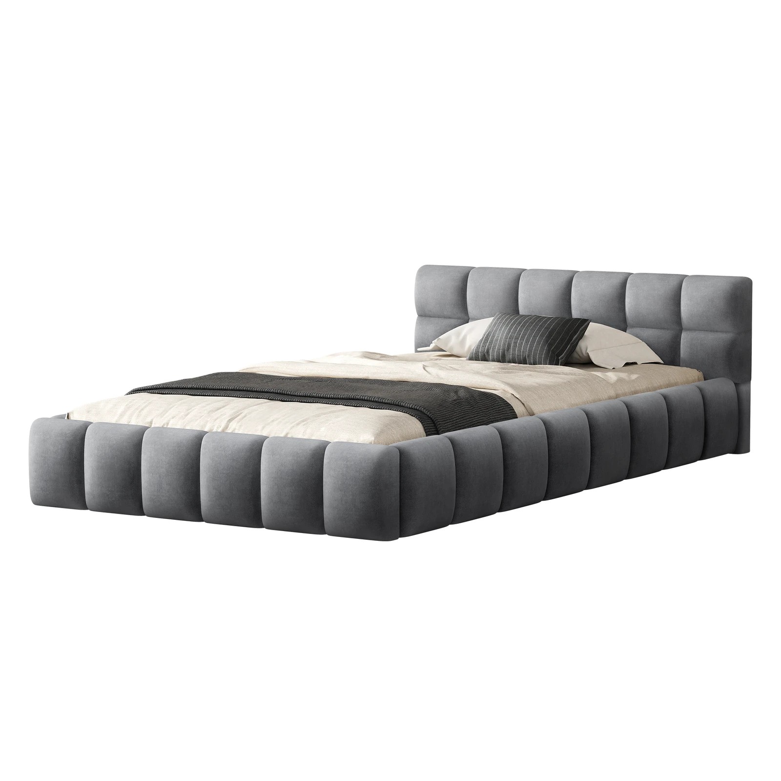 1 Alfordson Bed Frame Single Size Tufted Headboard Foundation Velvet Talmon - Grey, 1 of 10