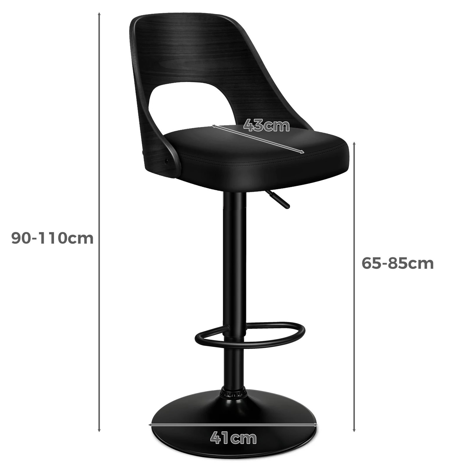 8 Alfordson 1x Bar Stool Kitchen Swivel Chair Wooden Leather Gas Lift - Black, 8 of 8