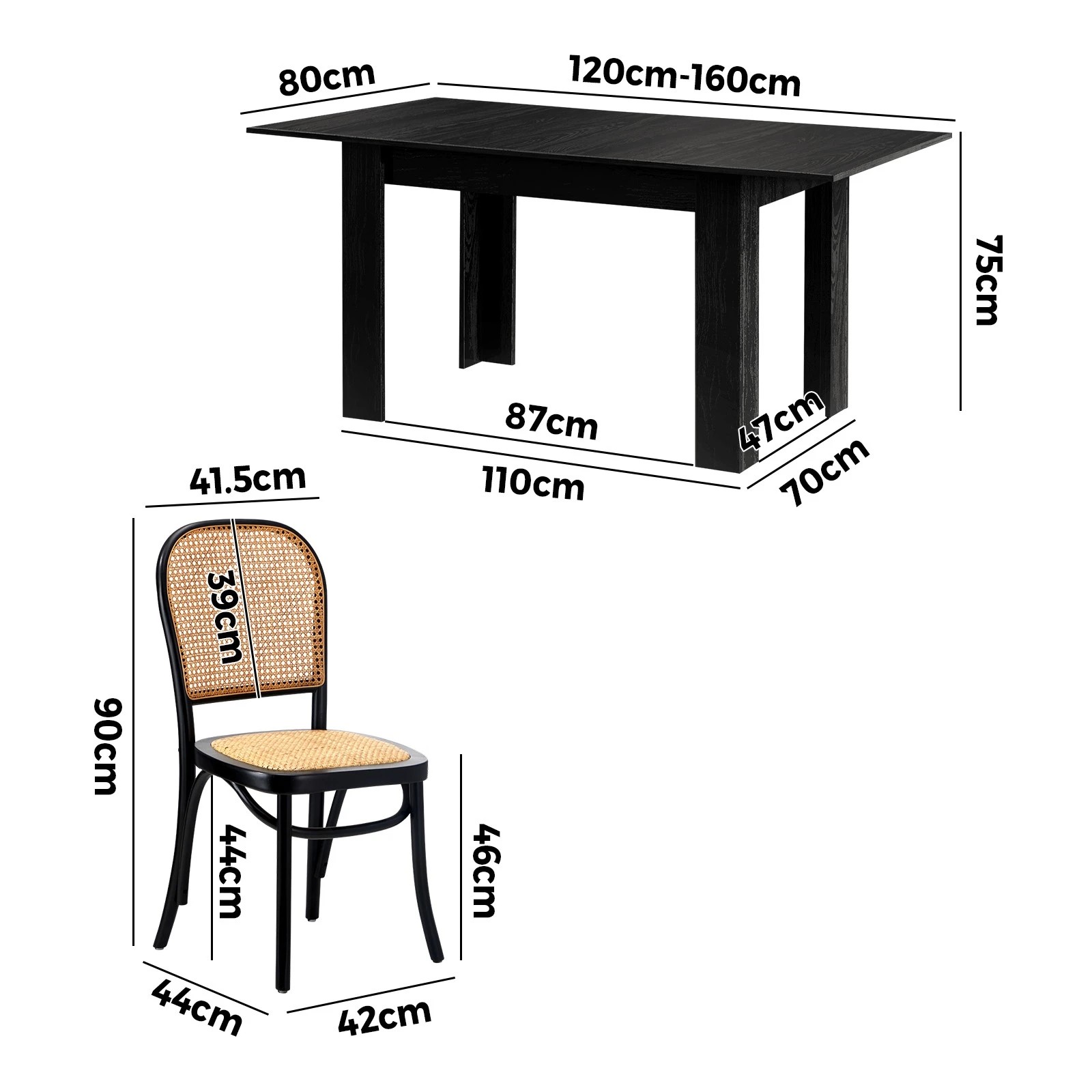 2 Oikiture 160cm Extendable Dining Table with 6PCS Dining Chairs Rattan - Black, 2 of 9