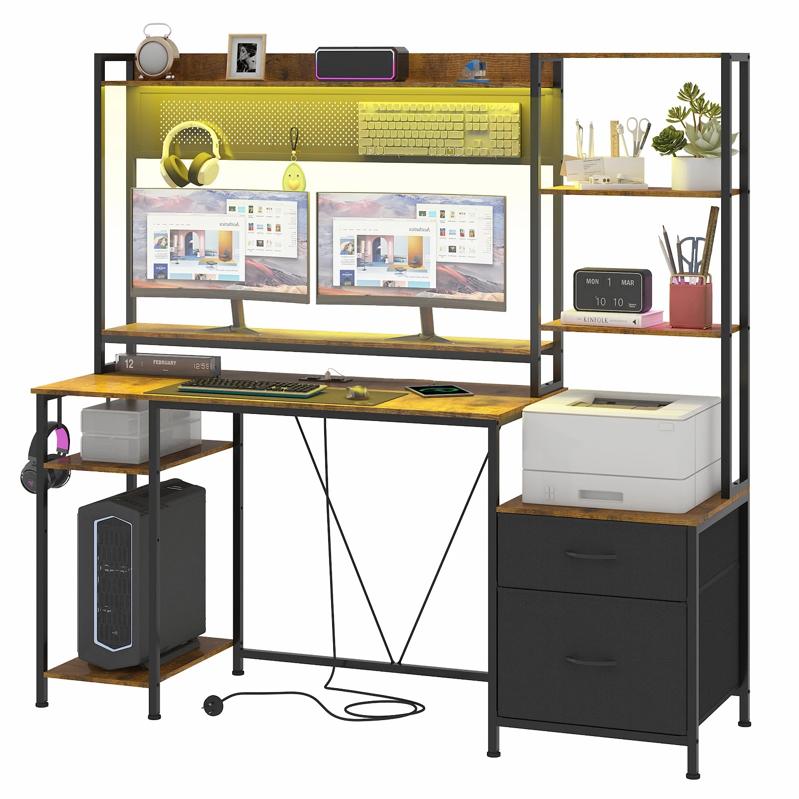 9 Advwin 165cm Reversible  Gaming Desk with LED Lights & Power Outlets - Brown, 9 of 10