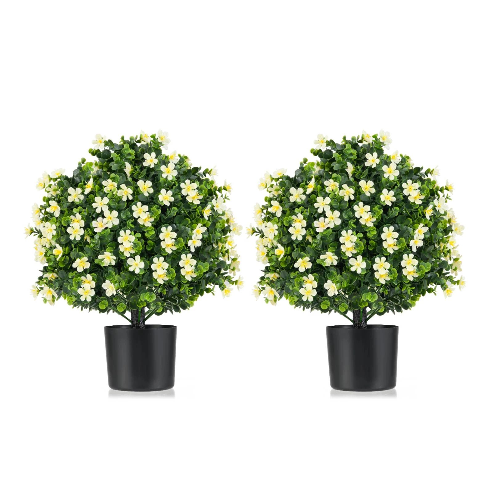 1 Costway 2x Artificial Boxwood Topiary Ball Tree w/White Flowers Potted Fake Decorative, 1 of 1