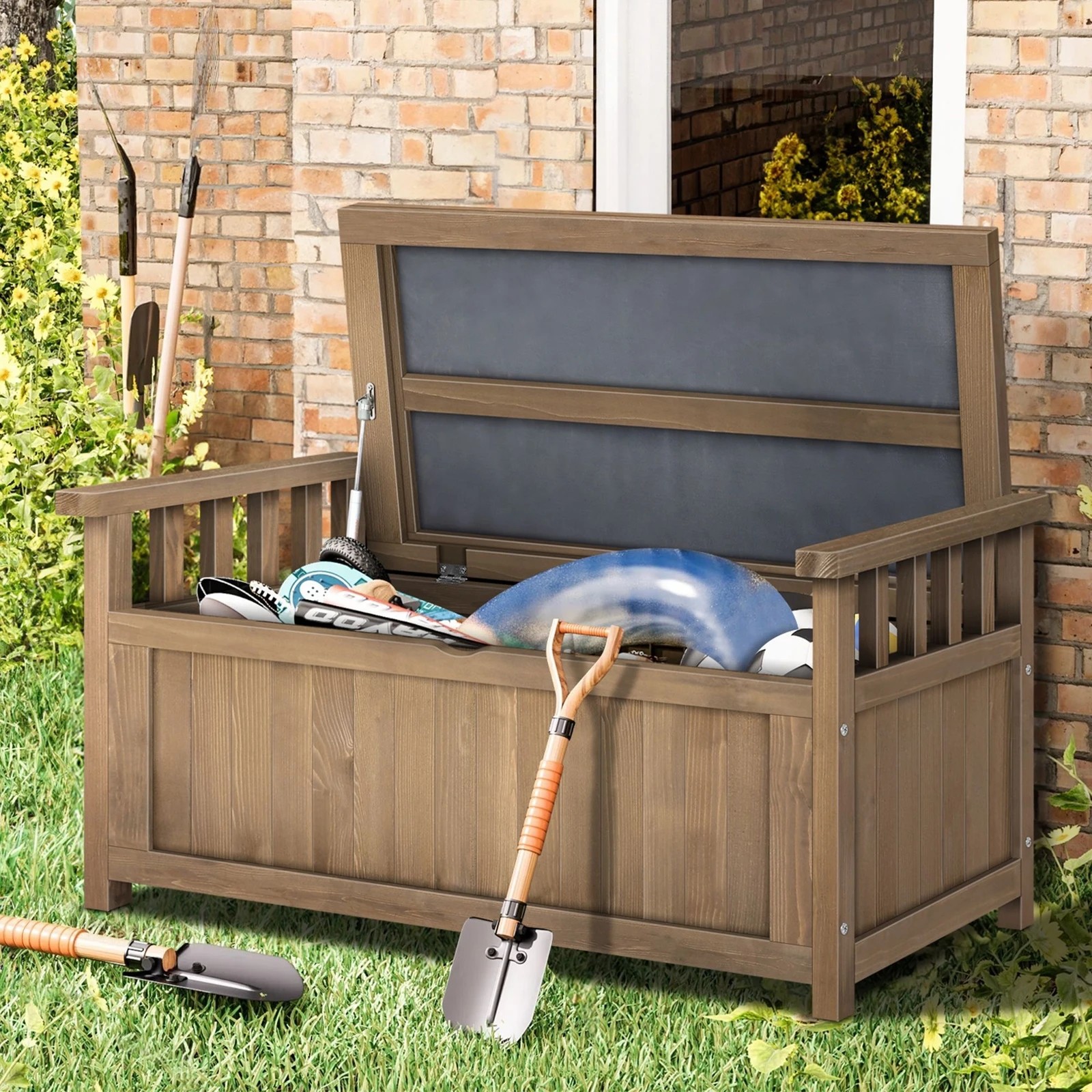 6 Alfordson Outdoor Storage Box Garden Bench Wooden Ottoman Patio Furniture - Brown, 6 of 9