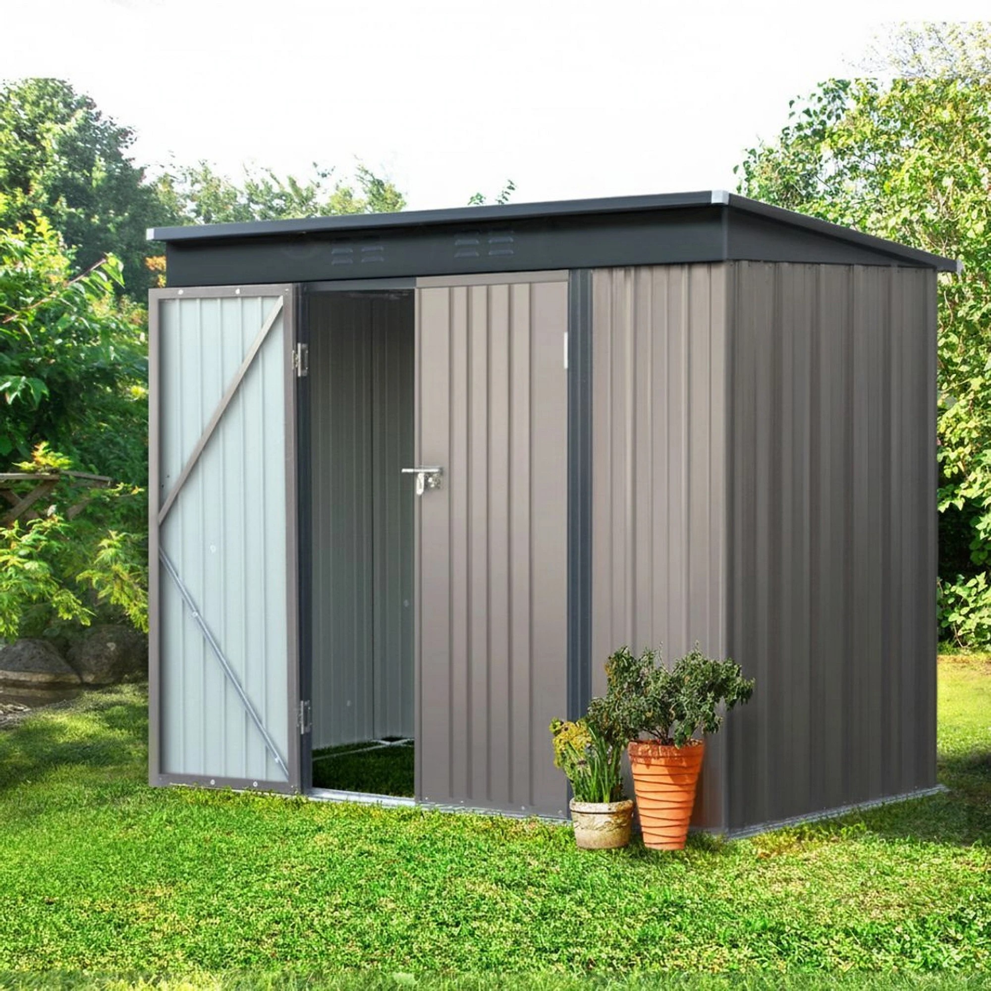 2 Giantz Garden Shed Outdoor Storage Tool Metal Workshop Shelter Doors - Brown, 2 of 7