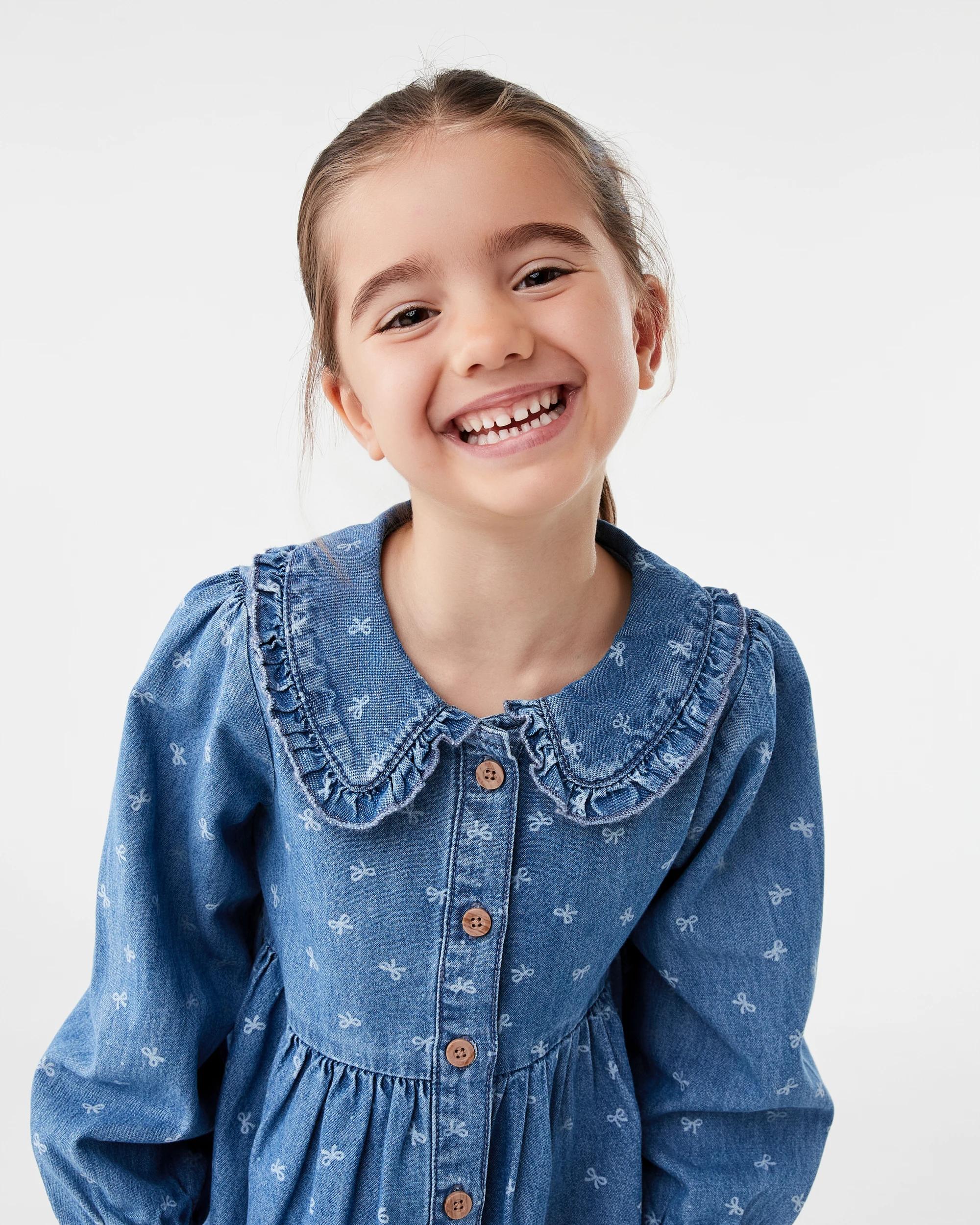 3 Long Sleeve Denim Collard Dress Blu Bow, 3 of 8