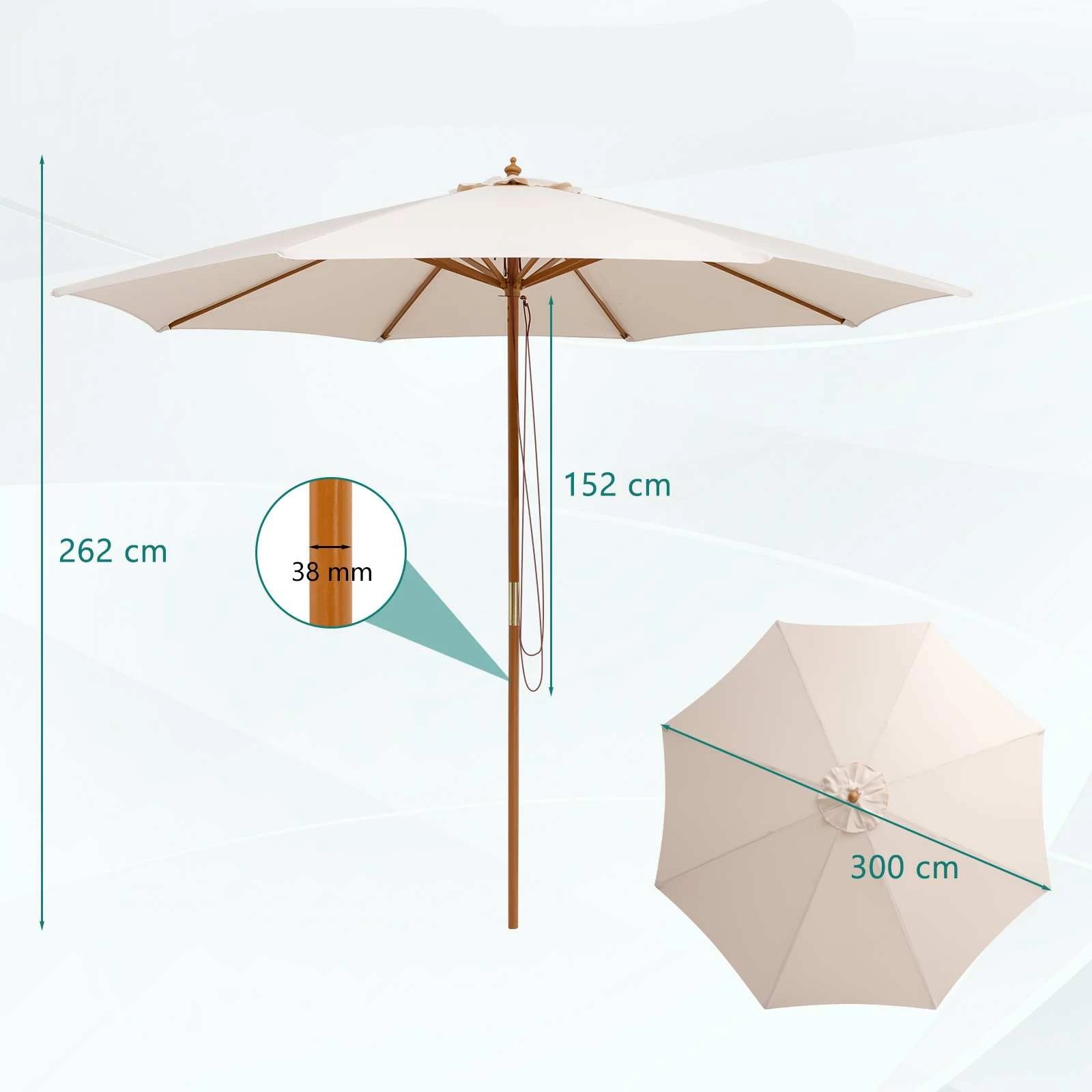 2 Costway 3M Outdoor Patio Umbrella Adjustable Sun Umbrella Sunshade w/Rope Pulley Lift & Bamboo Ribs Beige - Beige, 2 of 2