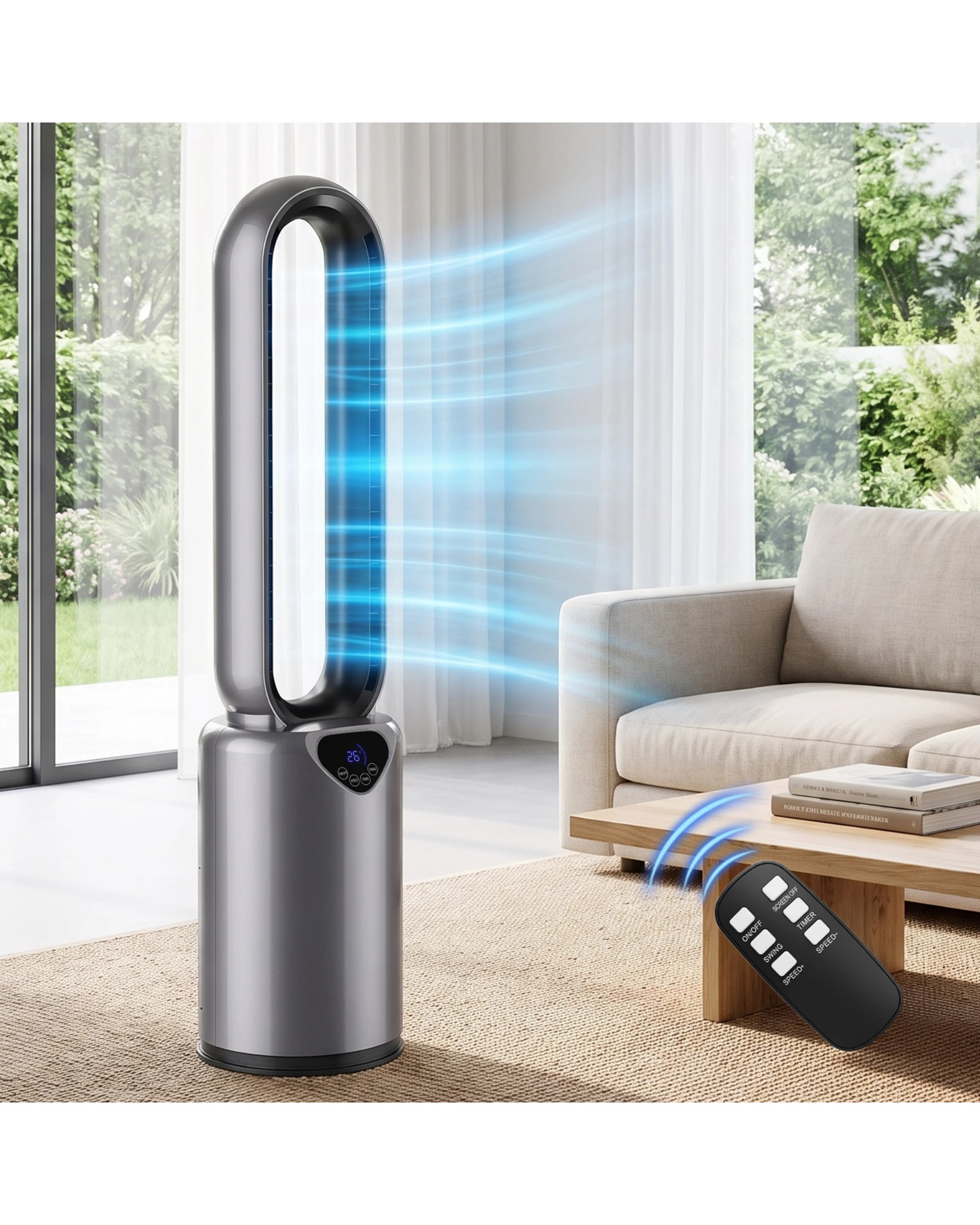 6 Advwin Bladeless Tower Fan with Air Purification Filter 24 Speeds 70° Oscillation 12H Timer Remote - Grey, 6 of 8