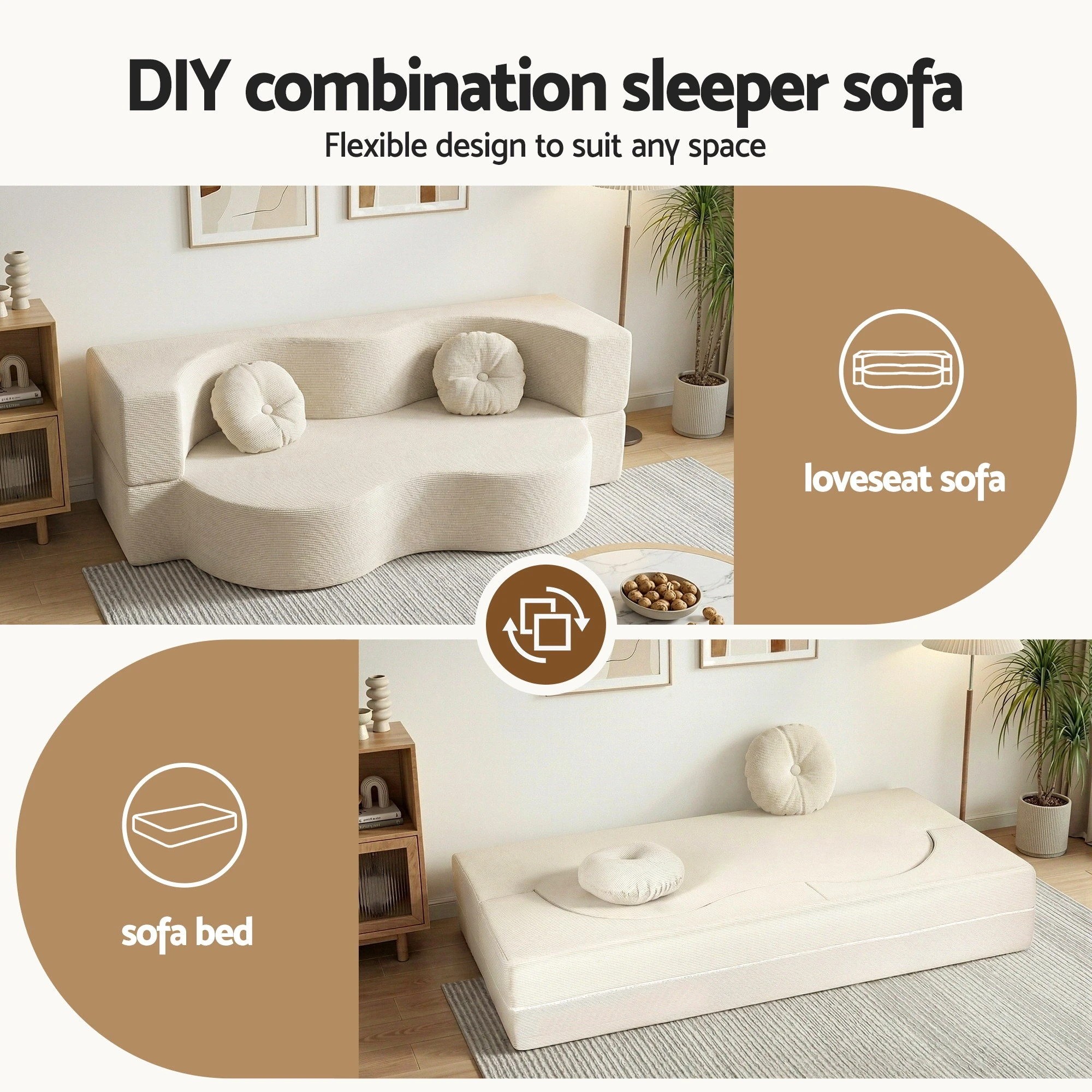 2 Artiss Folding Sofa Bed Floor Couch 2-in-1 Convertible Futon Loveseat - Beige, 2 of 8