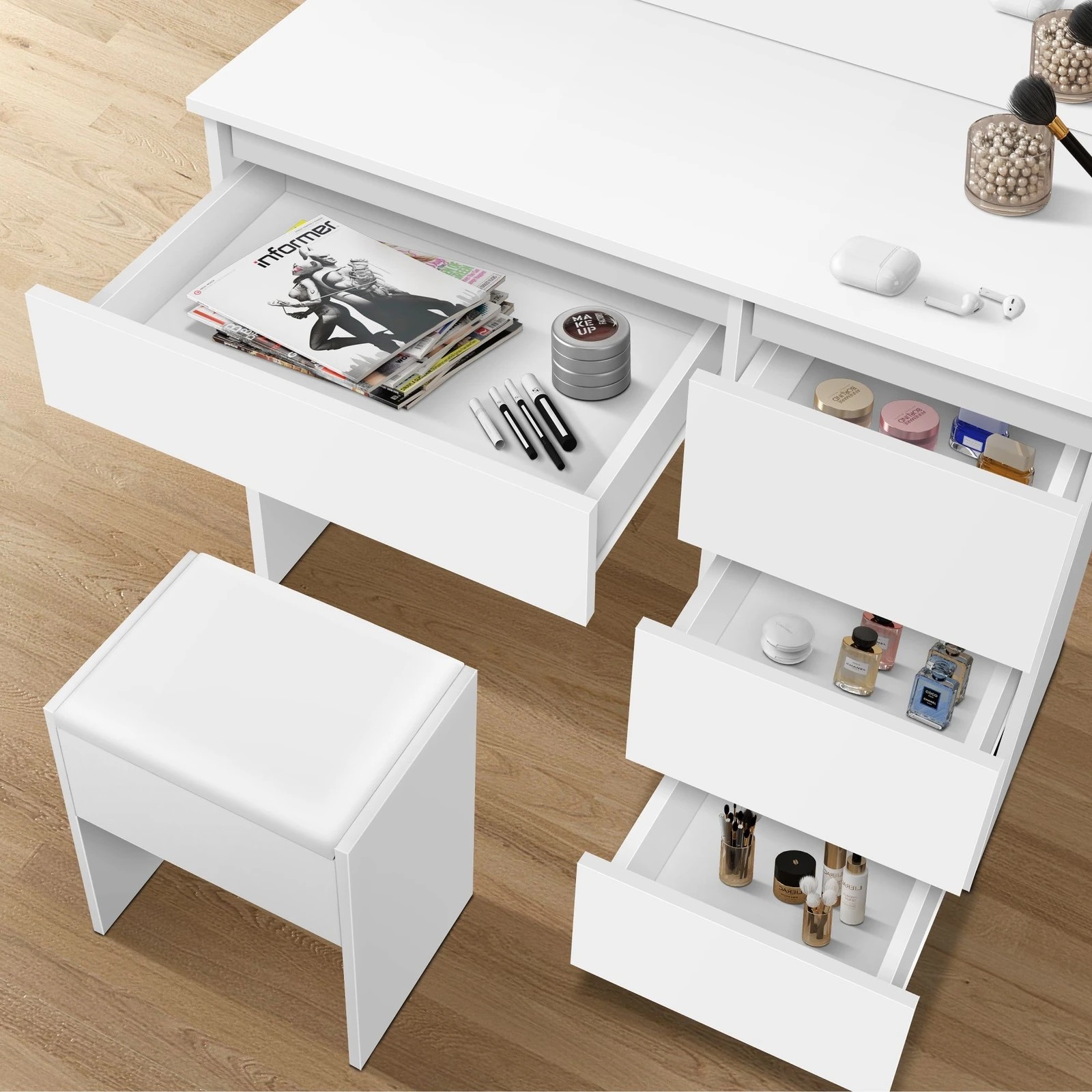 5 Alfordson Dressing Table Stool Set Makeup Mirror Desk LED 12 Bulbs - White, 5 of 10