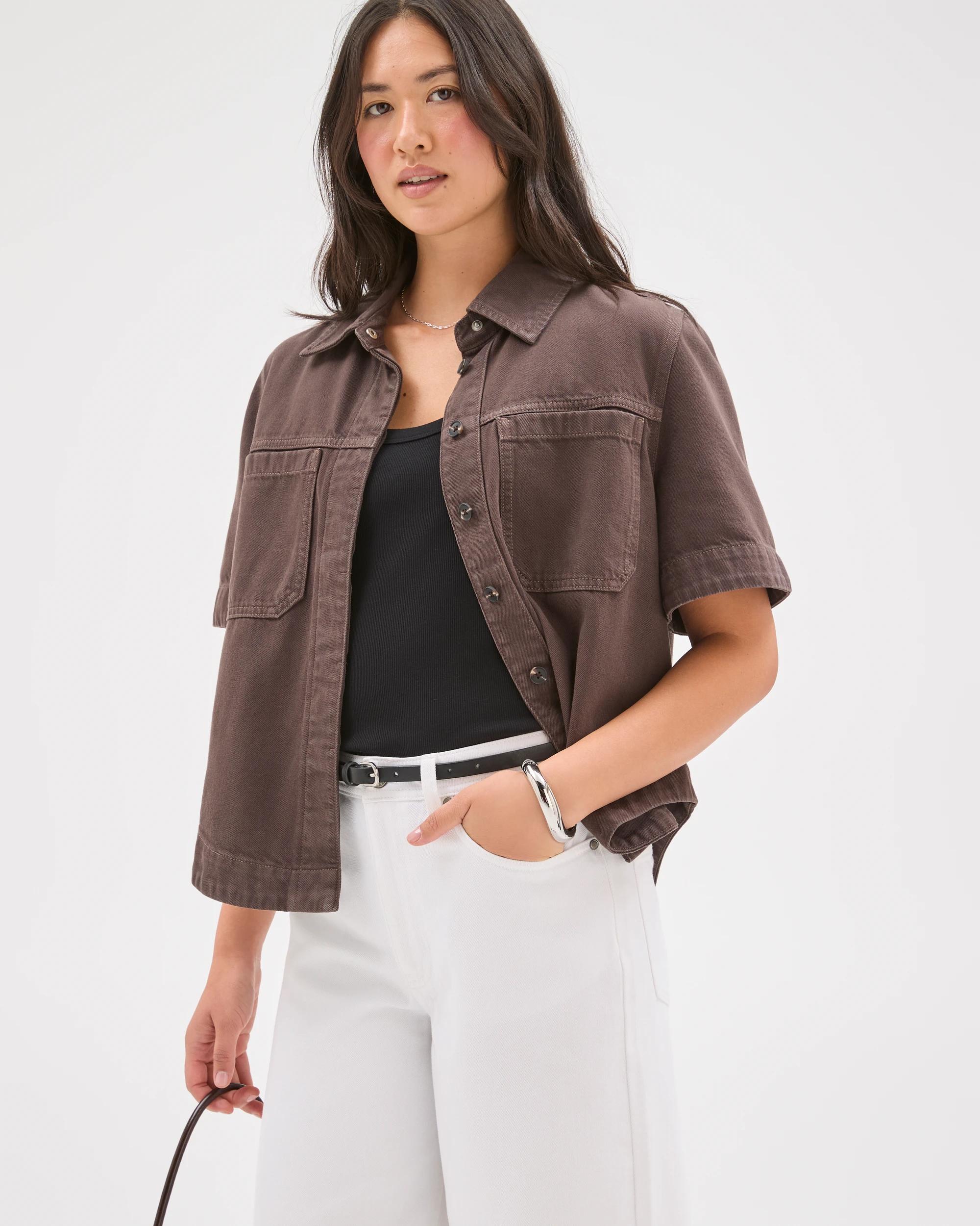 2 Target Denim Short Sleeve Concealed Placket Denim Shirt COFFEE BEAN, 2 of 8