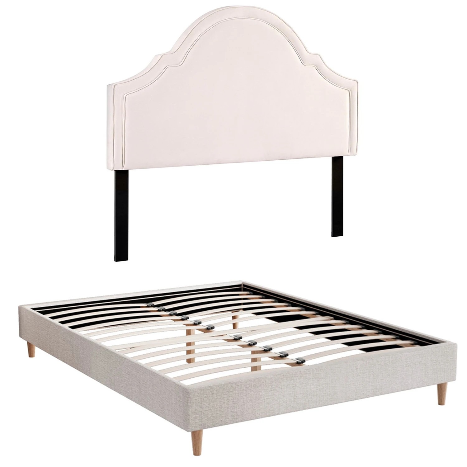 2 Artiss Queen Bed Frame with Scalloped Velvet Headboard Wooden Platform - Multi, 2 of 2