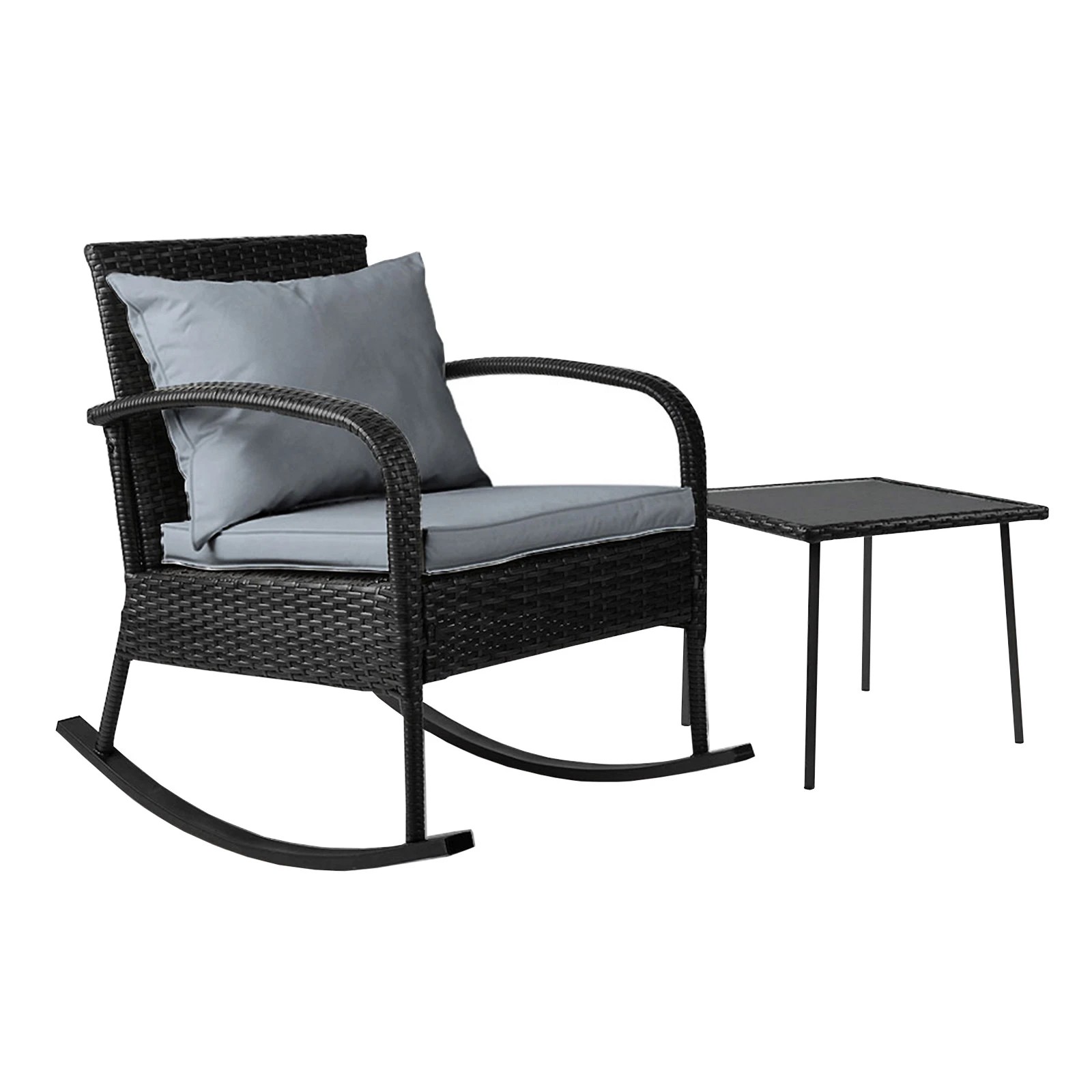 1 Gardeon 2PC Rocking Chair Table Wicker Outdoor Furniture Patio Lounge Setting - Black, 1 of 6