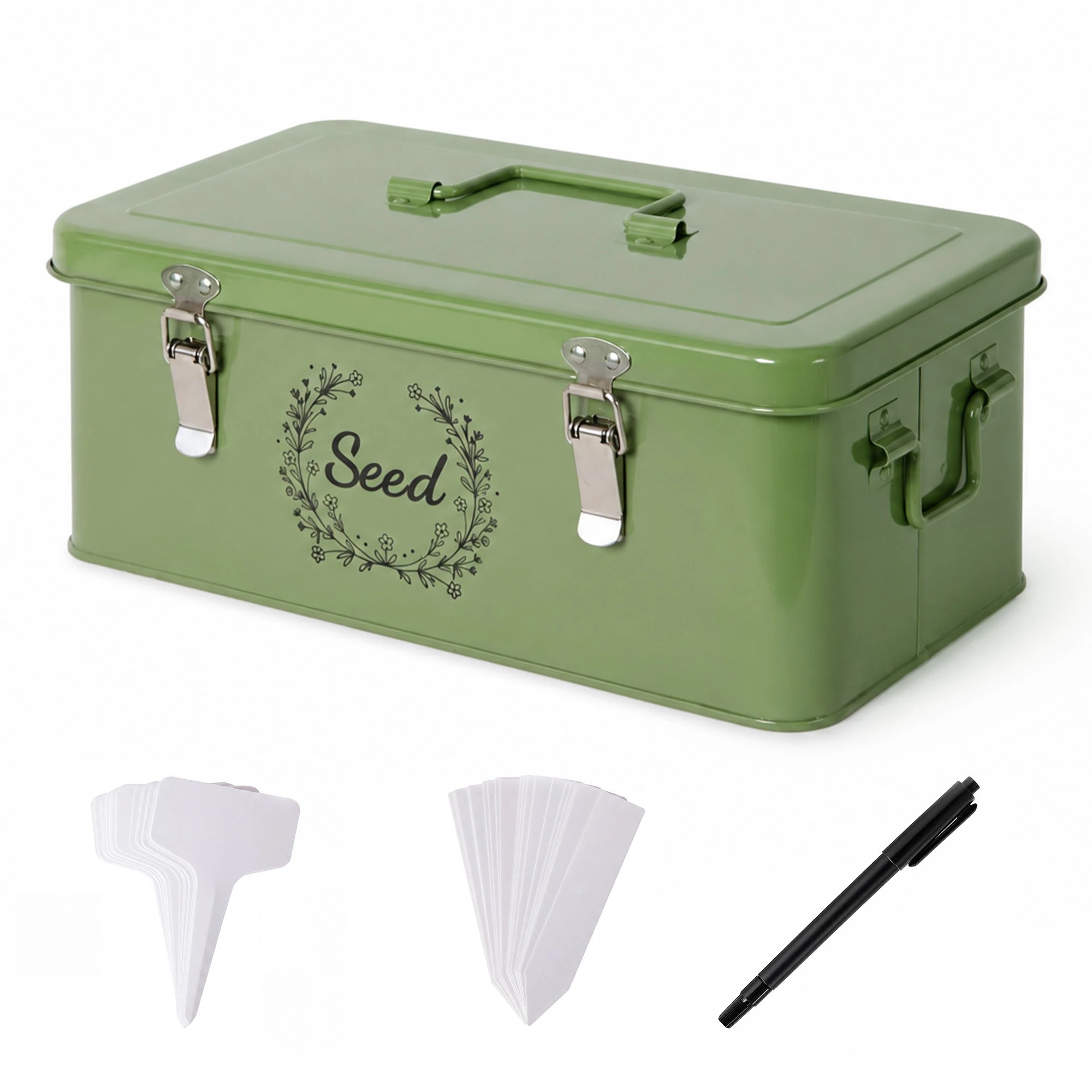 1 Toque Seed Storage Box 4-Compartment Organiser Metal Seed Box Deep Green, 1 of 8