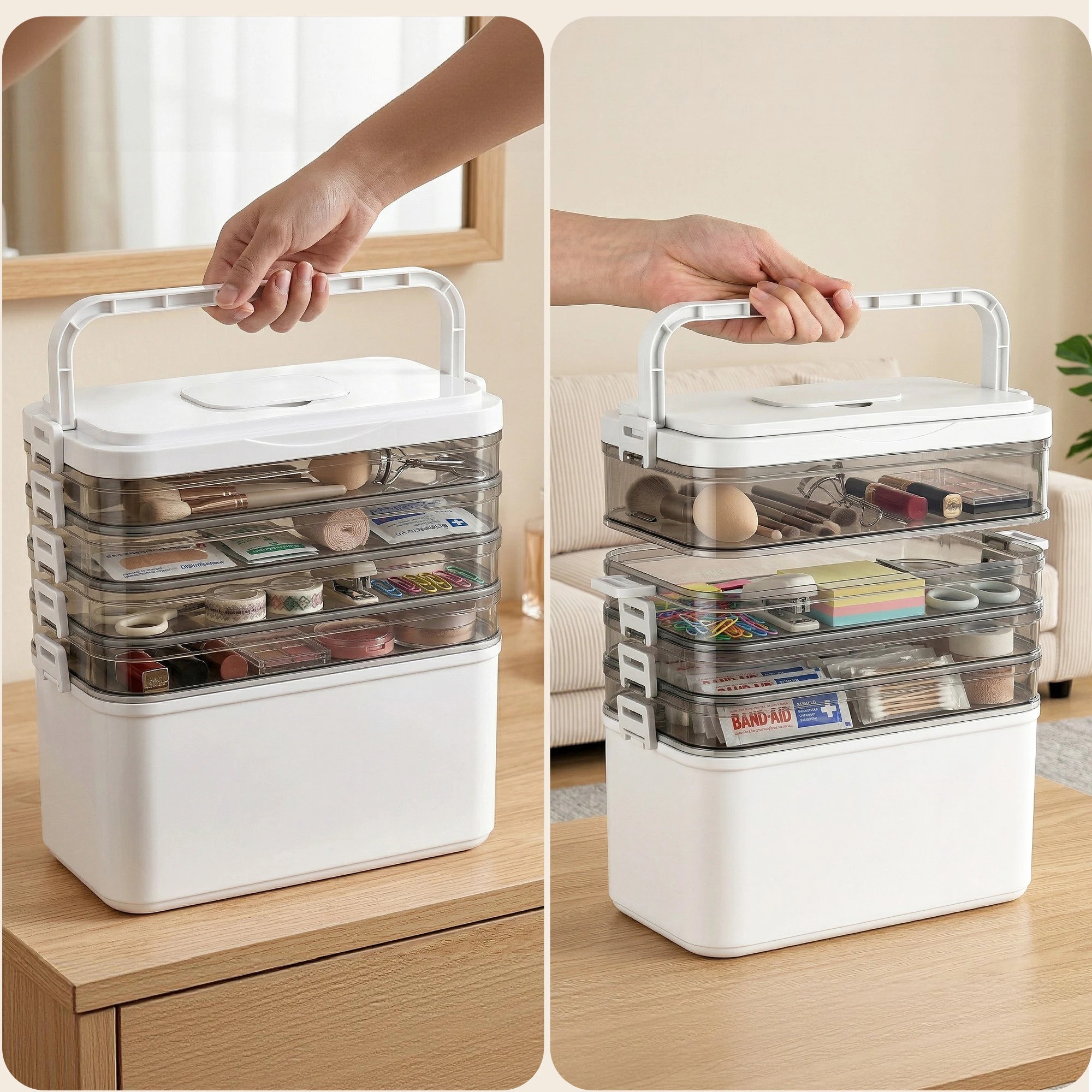 5 Artiss 5 Tier Portable Storage Box Detachable with Handles Plastic Clear - White, 5 of 8