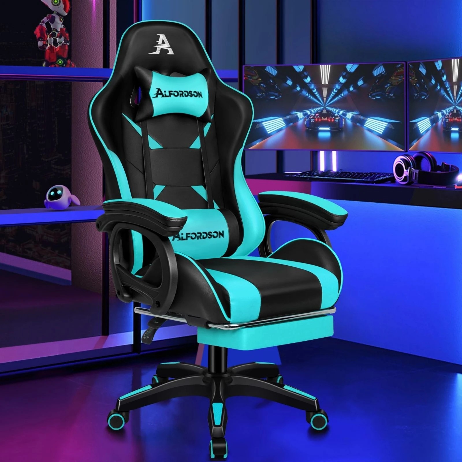 10 Alfordson Gaming Office Chair Massage Racing Computer Seat Footrest Leather - Cyan, 10 of 10
