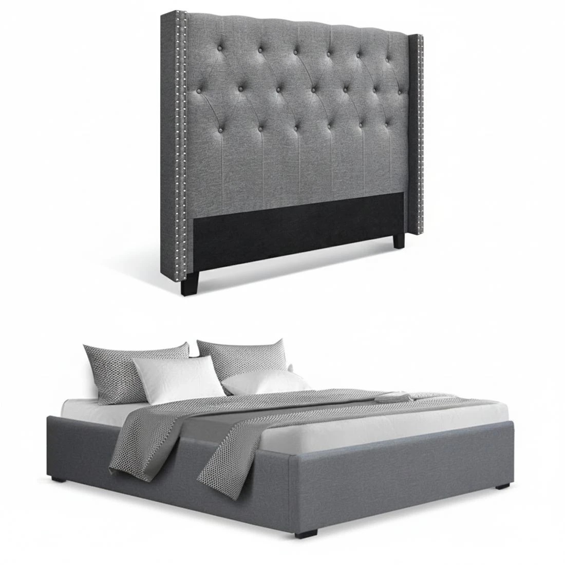 4 Artiss Queen Bed Frame Storage Tufted Headboard Gas Lift Base - Grey - Grey, 4 of 10