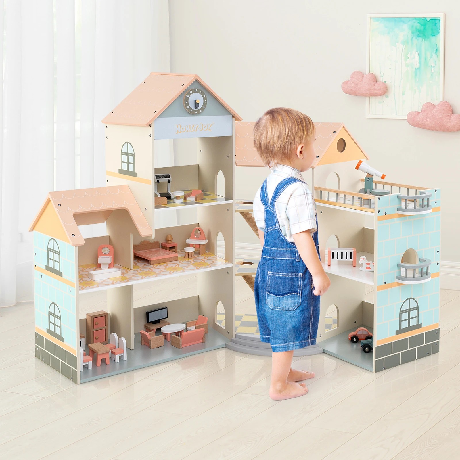 2 Costway Wooden Corner Dollhouse Playset DIY Pretend Dream House - Orange, 2 of 2