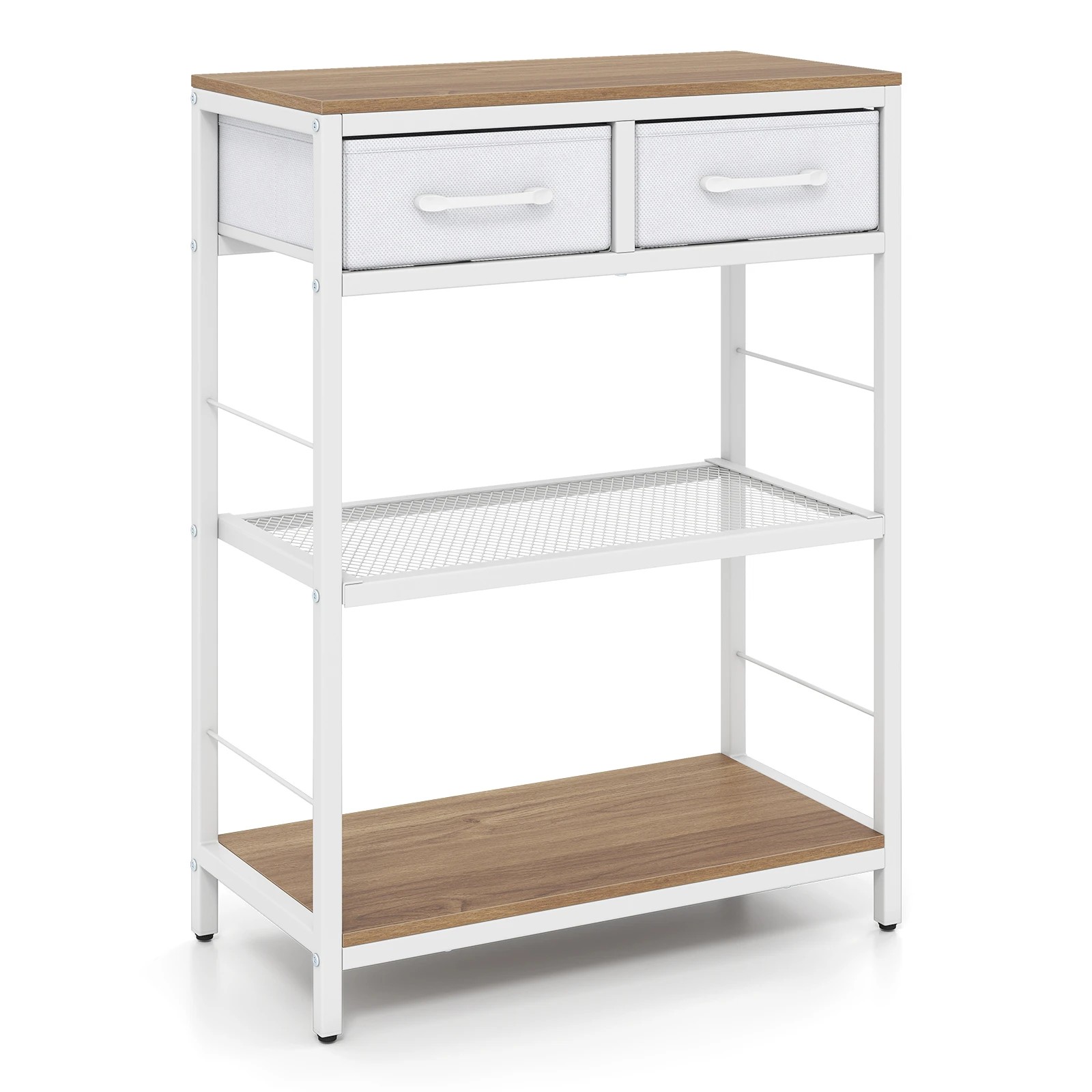 1 Costway 3-Tier Narrow Console Table w/2 Fabric Drawers Behind Sofa Table - Natural, 1 of 6