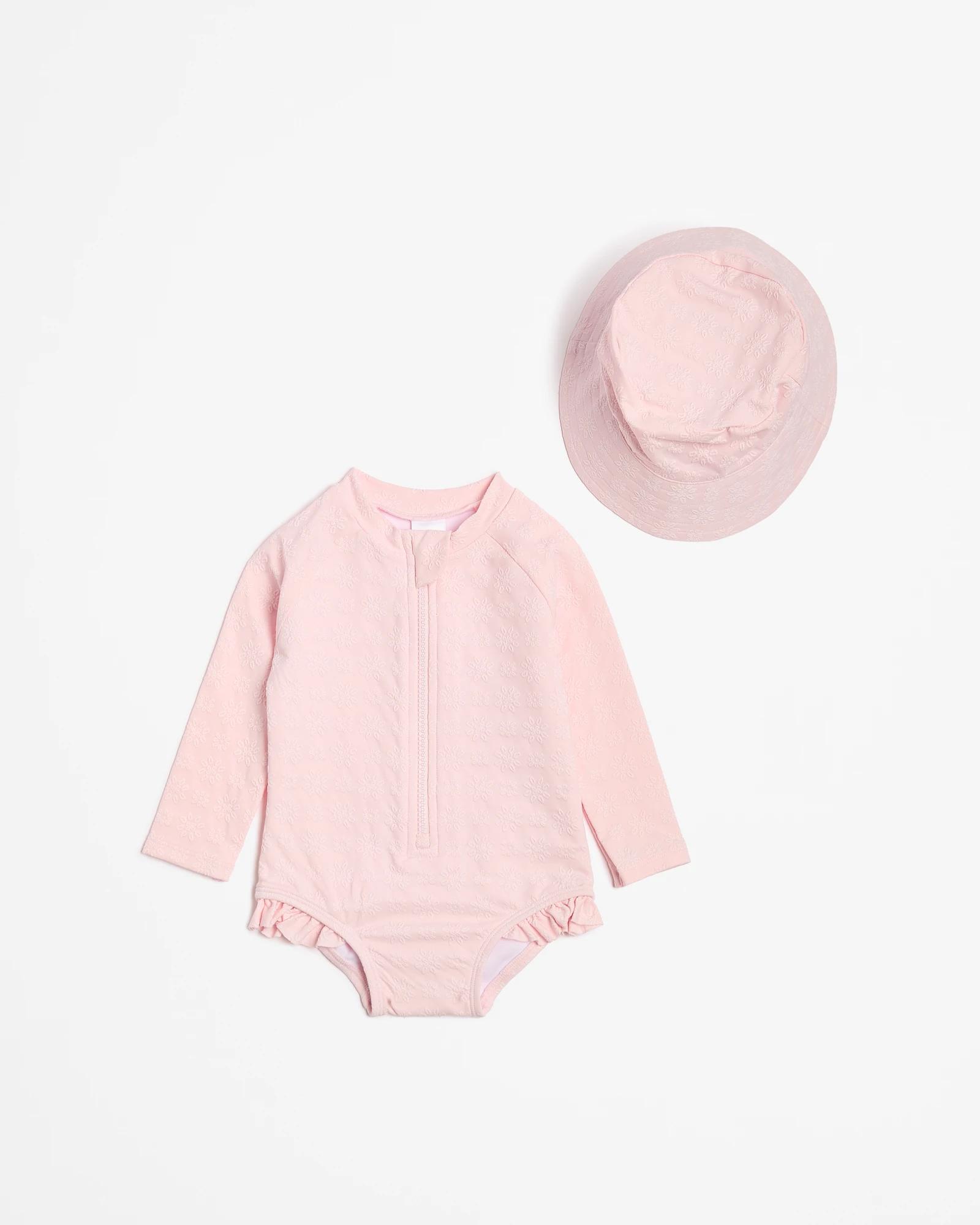 1 Target Baby Girls Rashsuit Swim Set With Hat 2 Piece PINK EMBROIDERED FLORAL, 1 of 3