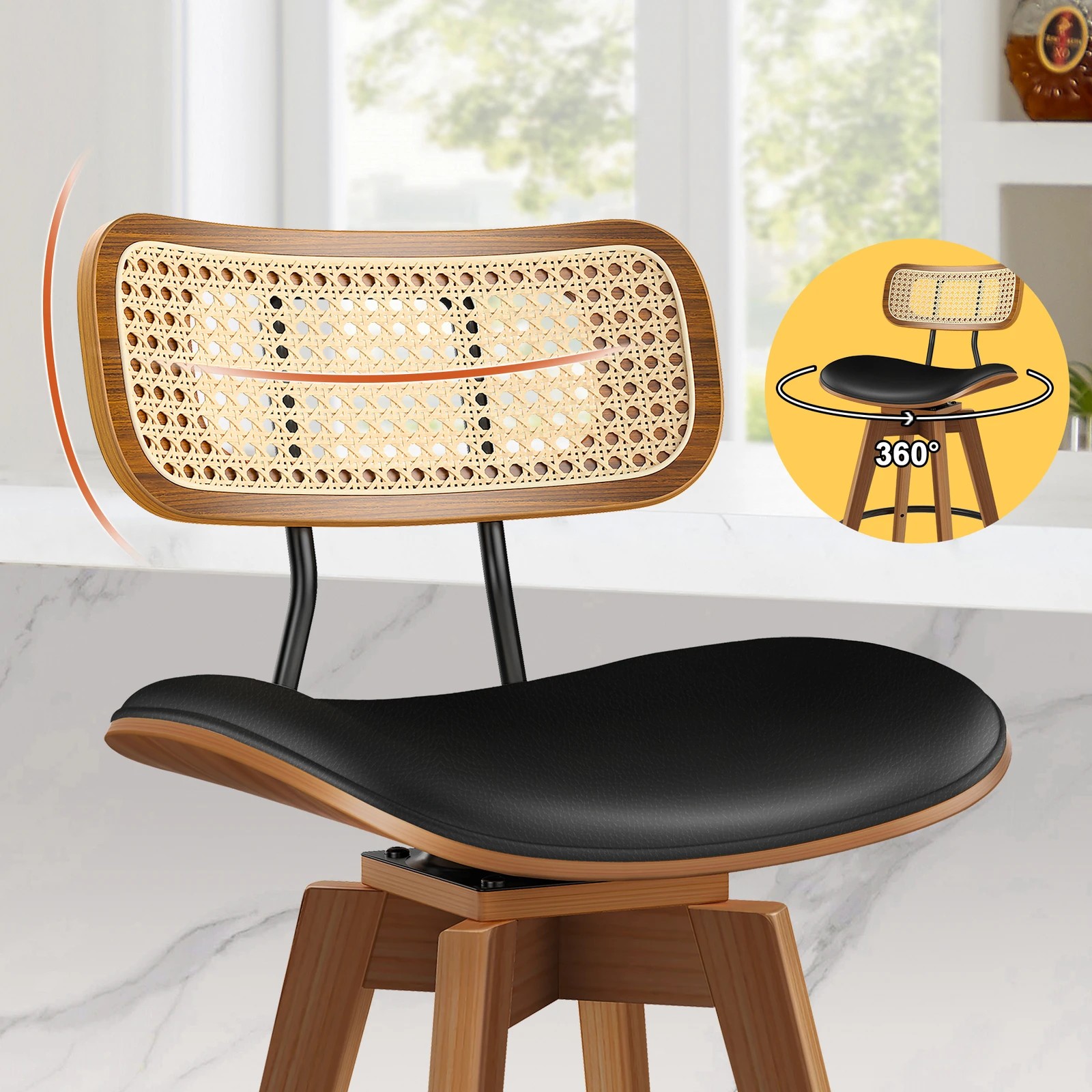 3 Alfordson 2x Bar Stools Kitchen Vintage Leather Seat Rattan Chair - Black, 3 of 9