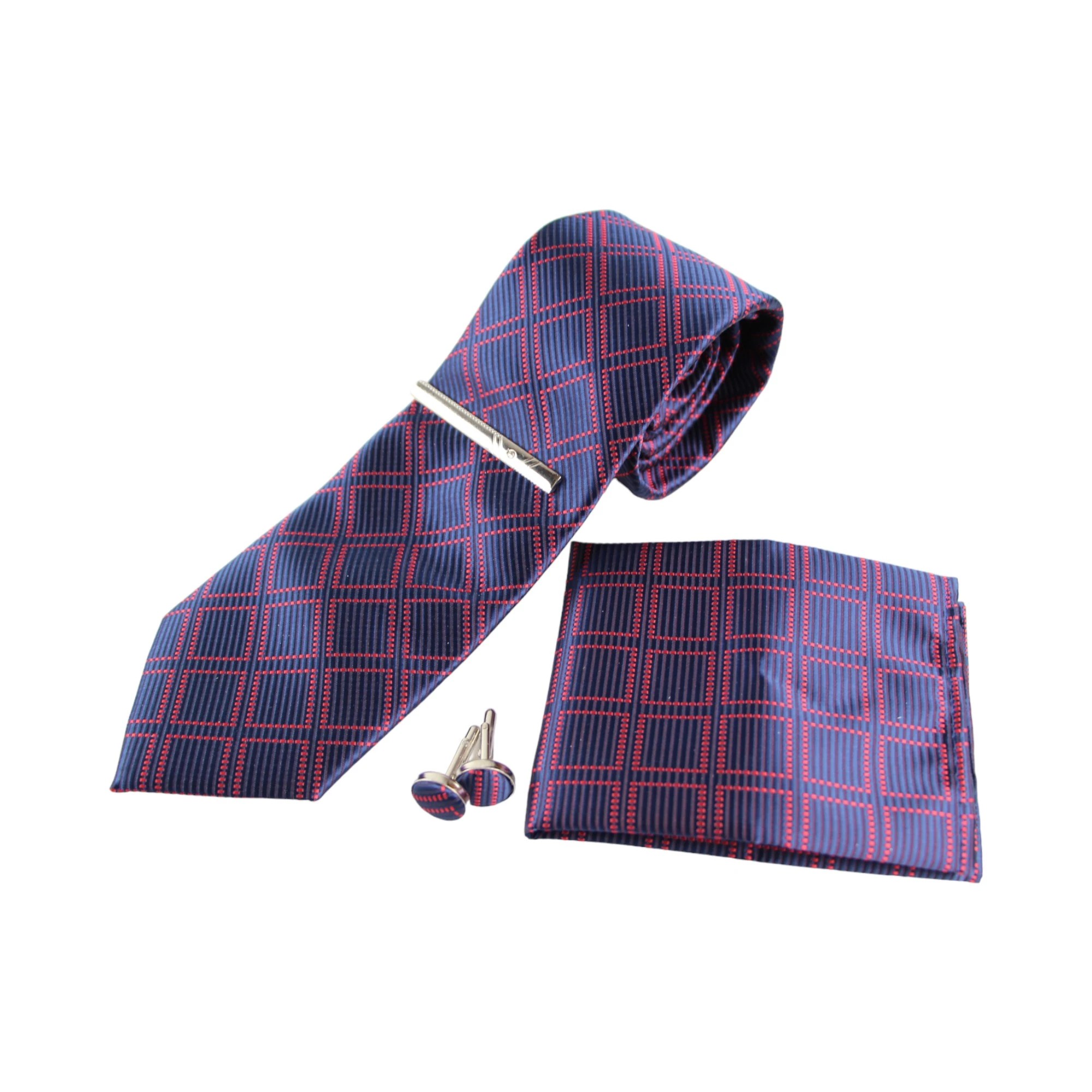 3 Zasel Mens Navy & Red Checkered Matching Neck Tie, Pocket Square, Cuff Links And Tie Clip Set - Multi, 3 of 3