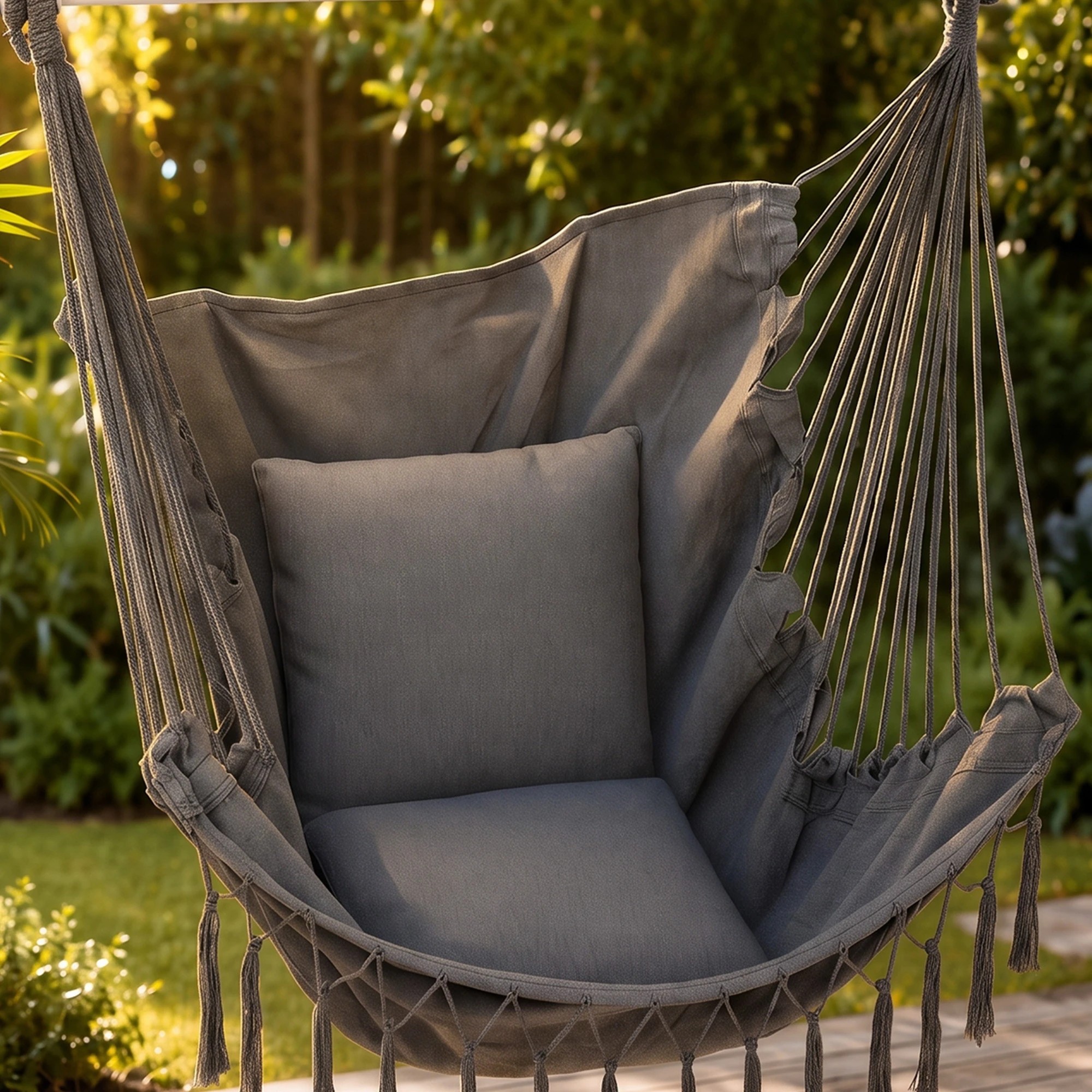 7 Gardeon Hammock Chair Camping Macrame Hanging Swing with Cushions Tassels 120kg Capacity - Grey, 7 of 8
