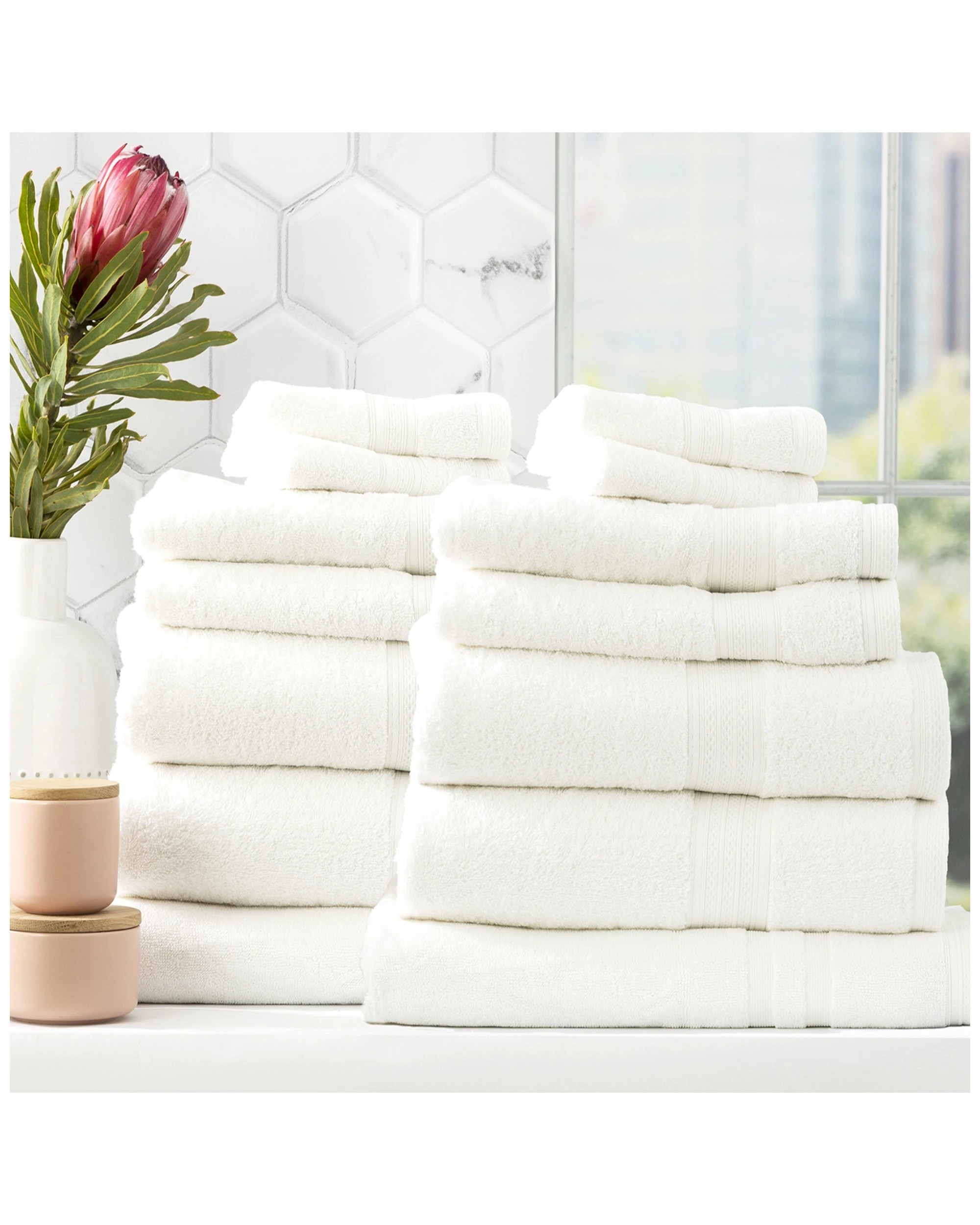 1 KG Linen 14pc 650GSM Bamboo Cotton Bath Hand Face Towel And Mat Set - White, 1 of 3