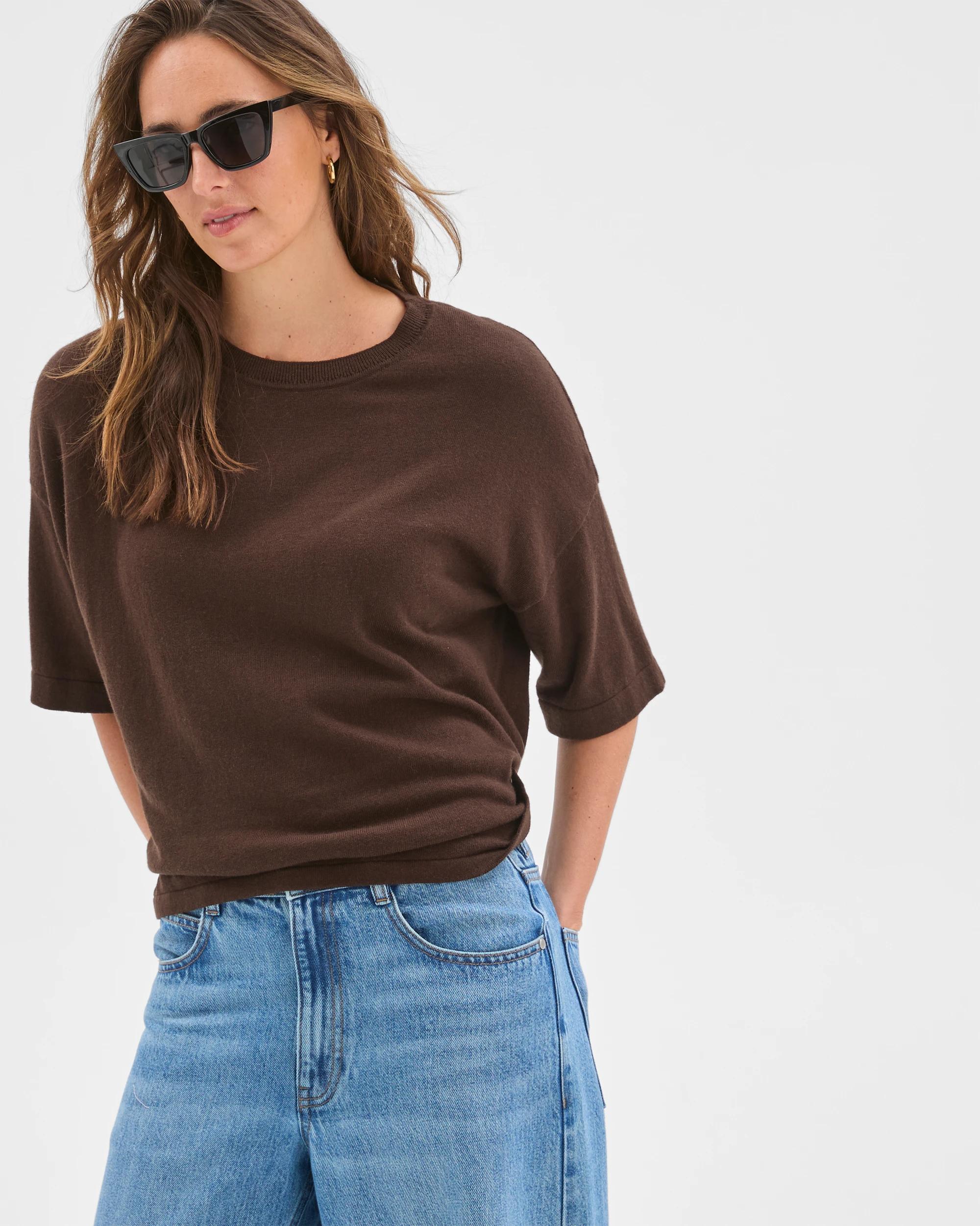 3 Target Woman Cotton Cashmere Crew Neck Knit T-Shirt COFFEE BEAN, 3 of 6