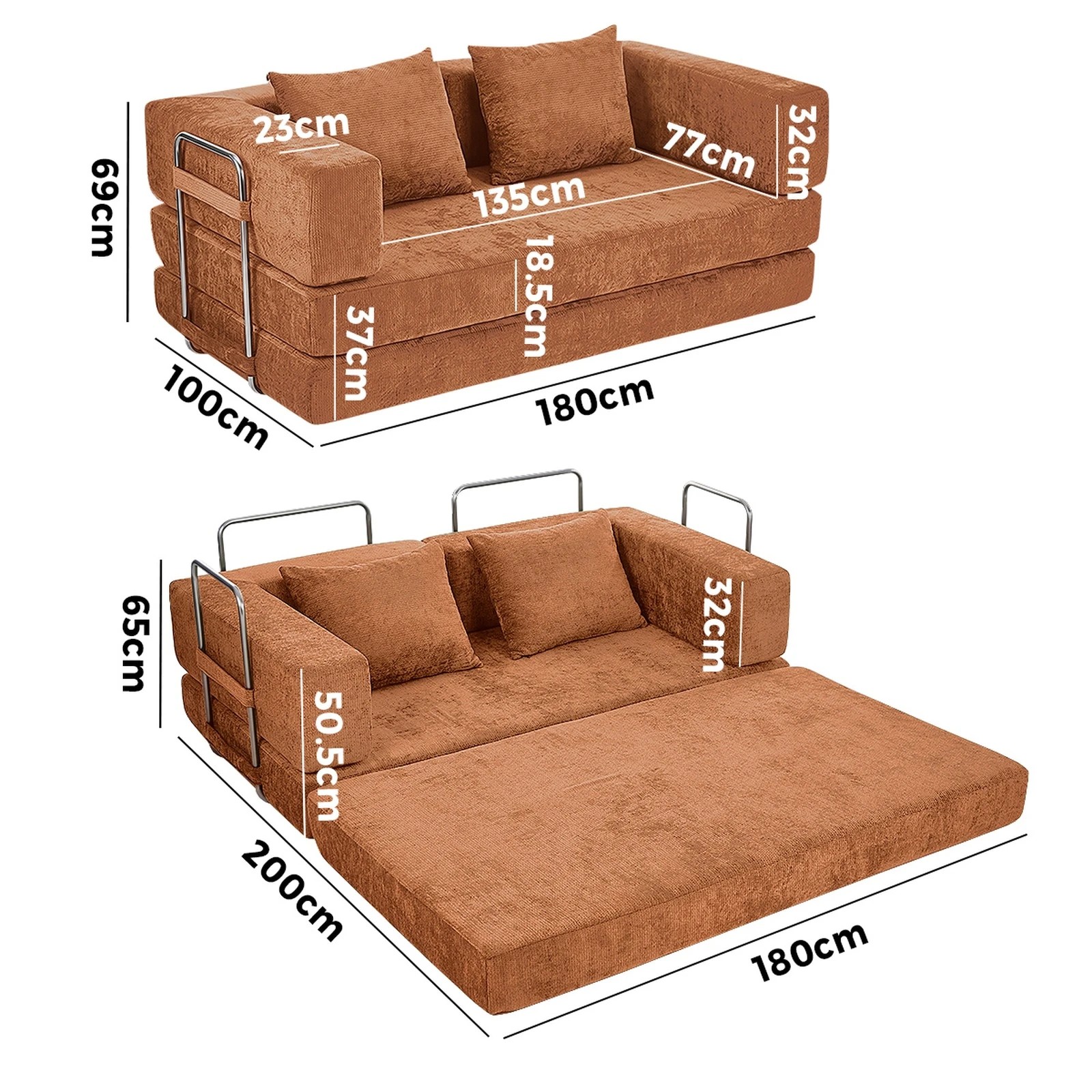 2 Oikiture 3 Seater Modular Convertible Sofa Bed Chenille Floor Couch - Brown, 2 of 9